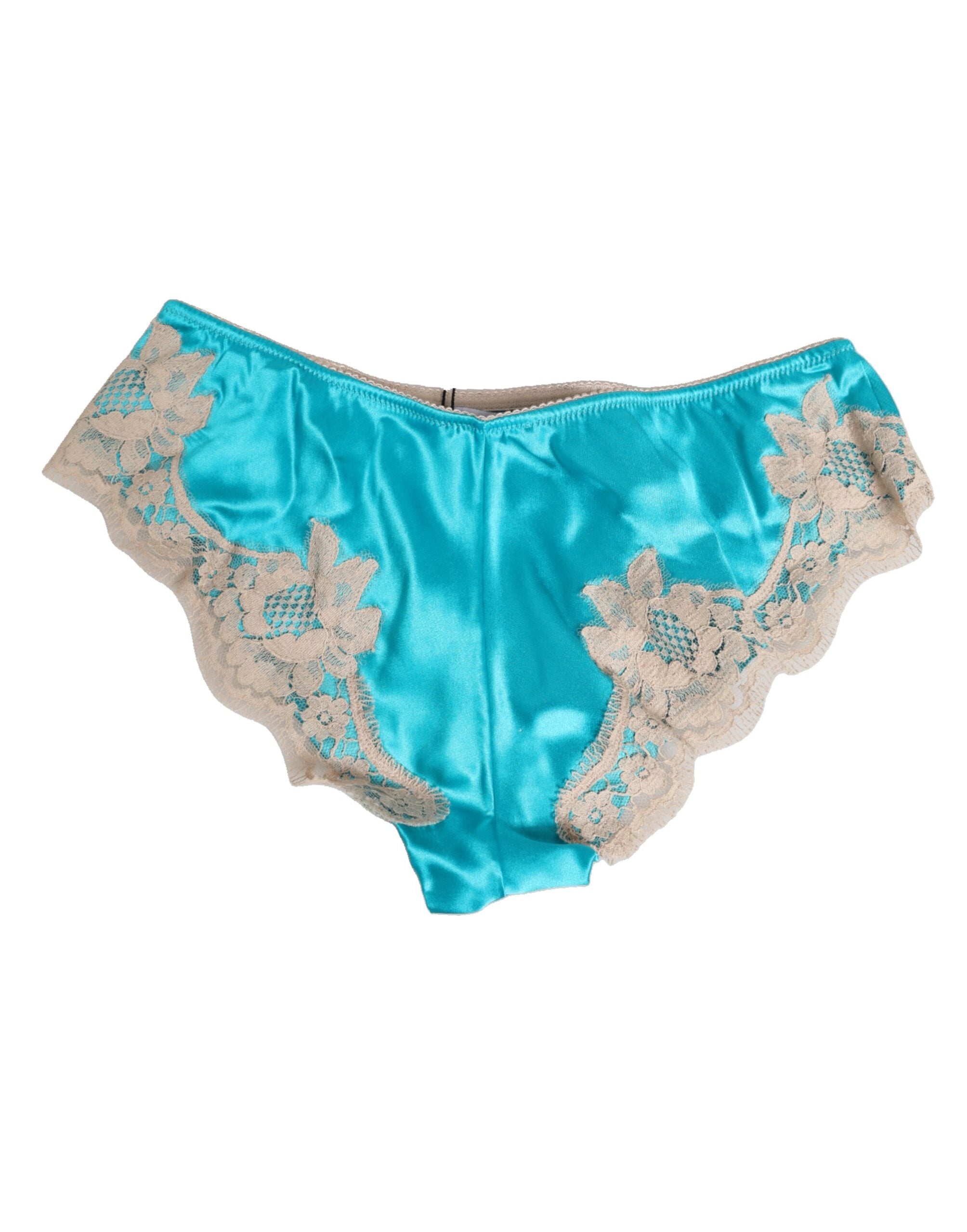 Dolce & Gabbana Blauer Seidensatin mit floralen Spitzenbesätzen Neuer Slip Unterwäsche