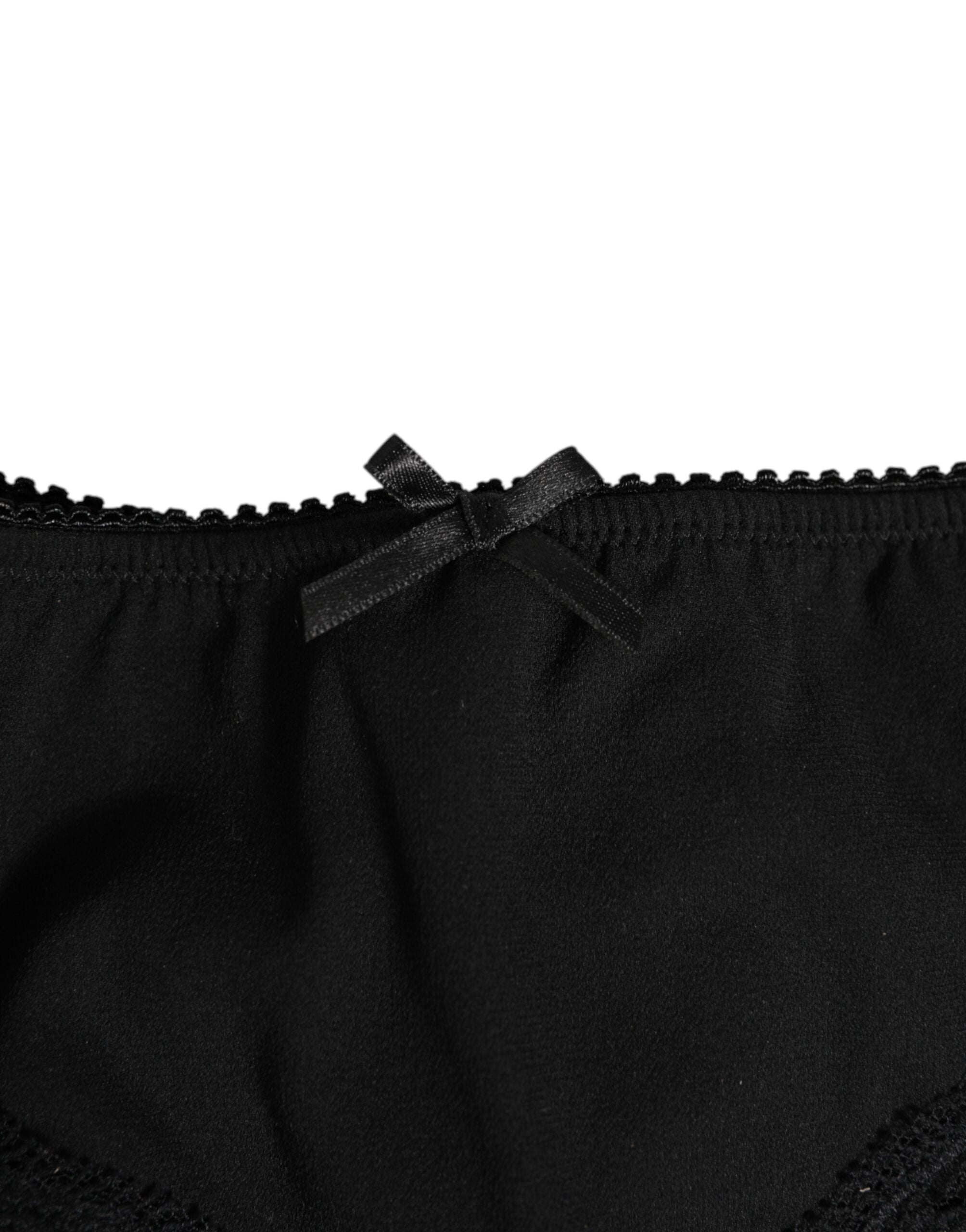 Dolce & Gabbana Schwarzer Seidensatin Floral Spitze Panty Slip Unterwäsche