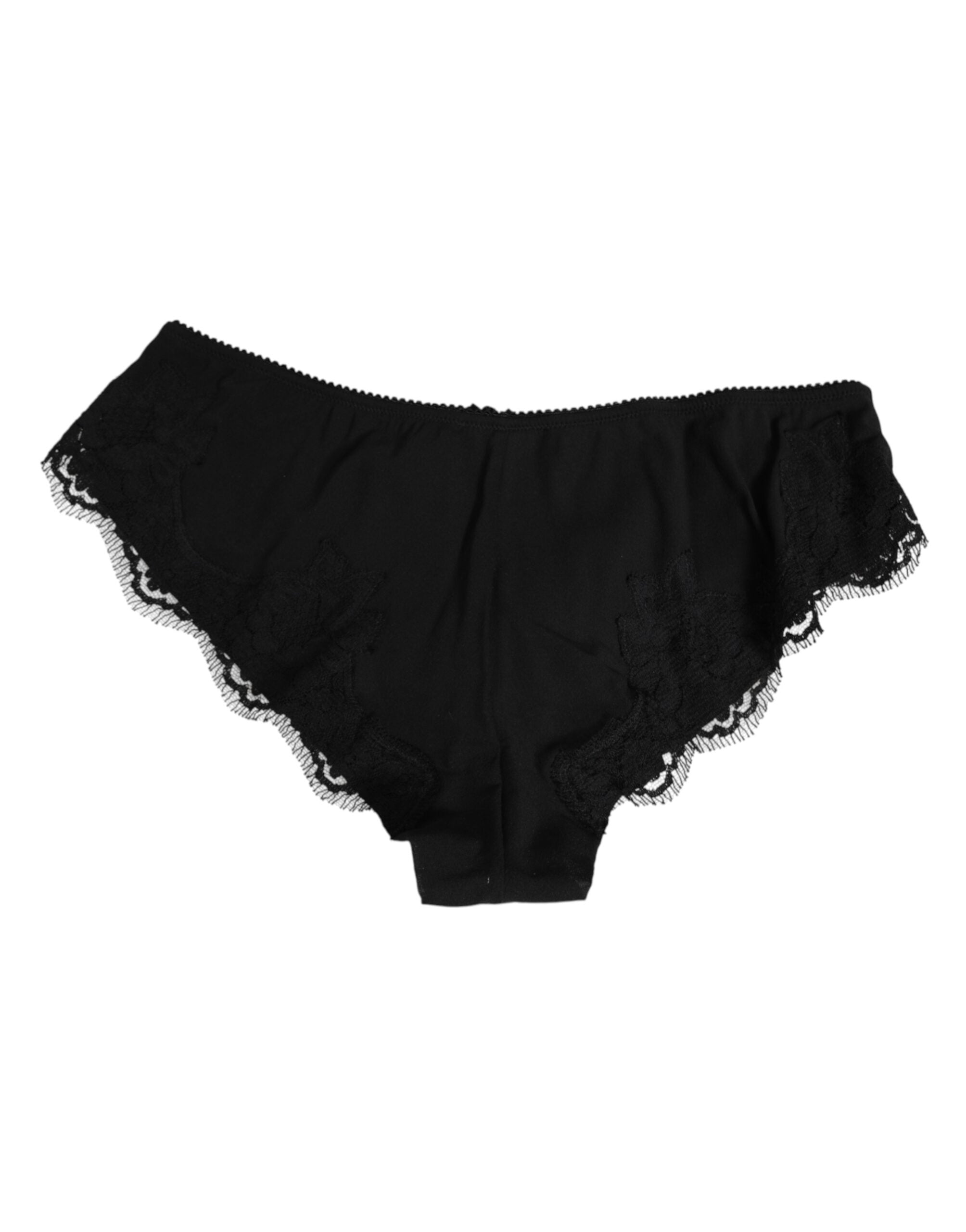 Dolce & Gabbana Schwarzer Seidensatin Floral Spitze Panty Slip Unterwäsche