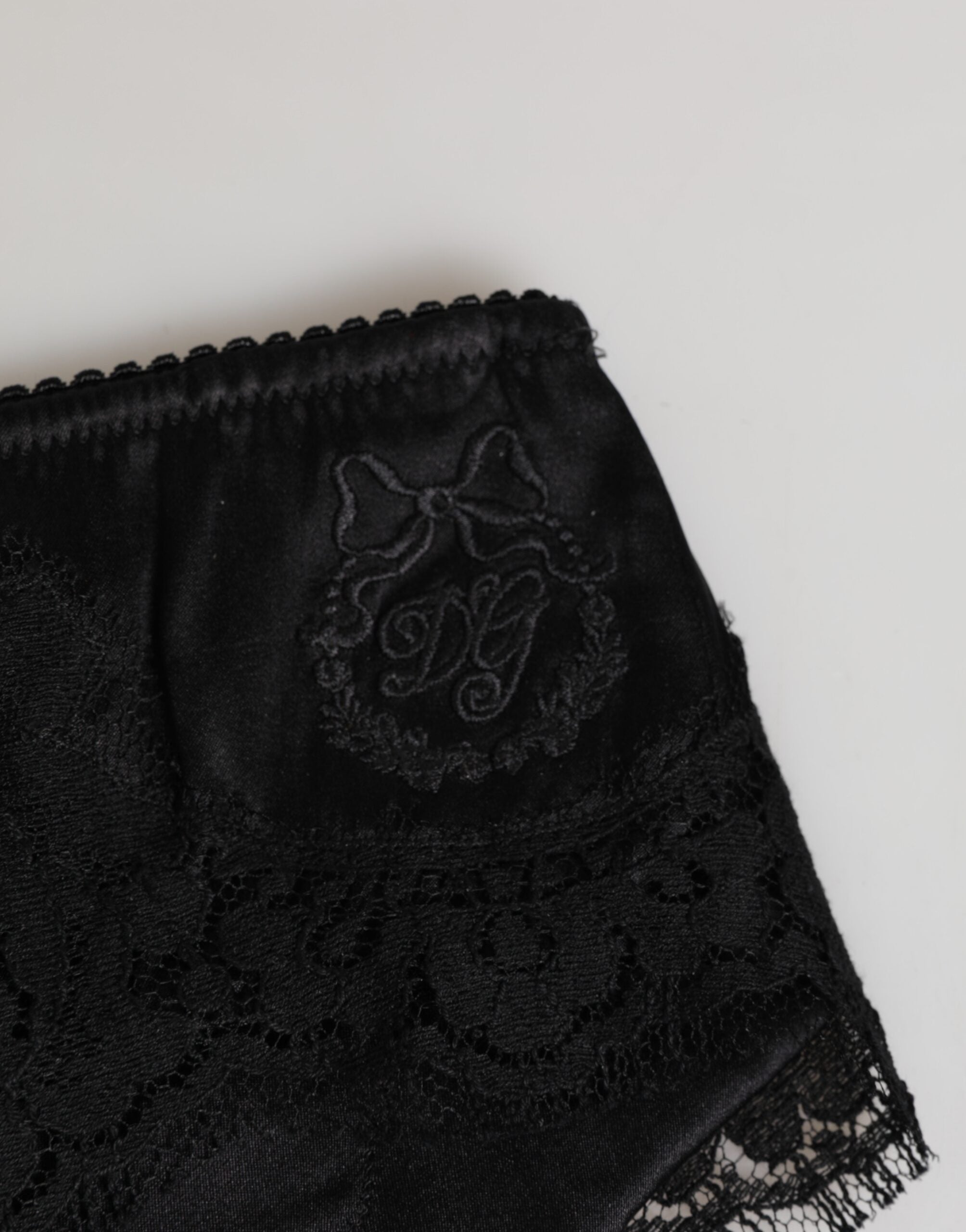 Dolce & Gabbana Schwarzer Seidensatin Floral Spitze Panty Slip Unterwäsche