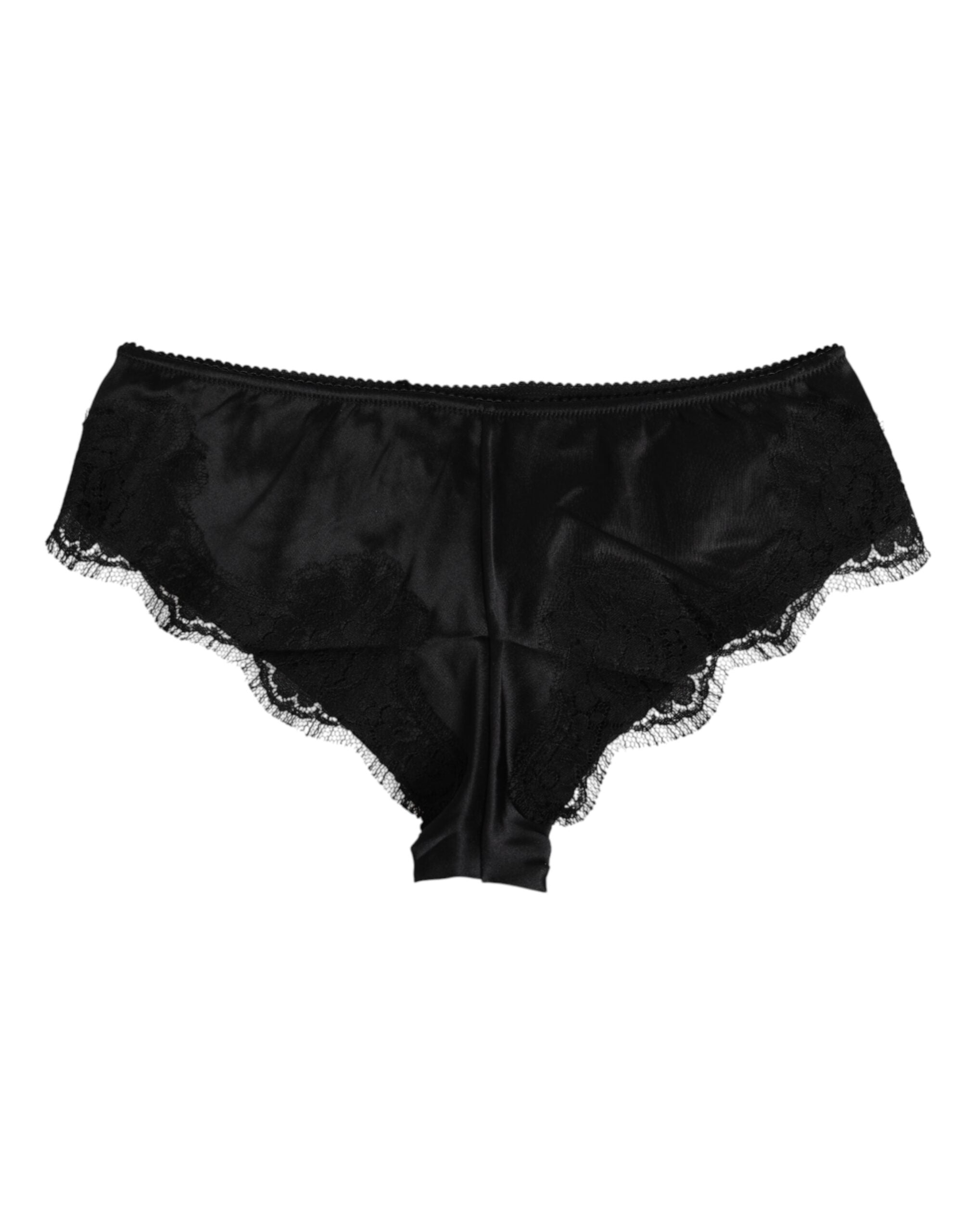 Dolce & Gabbana Schwarzer Seidensatin Floral Spitze Panty Slip Unterwäsche