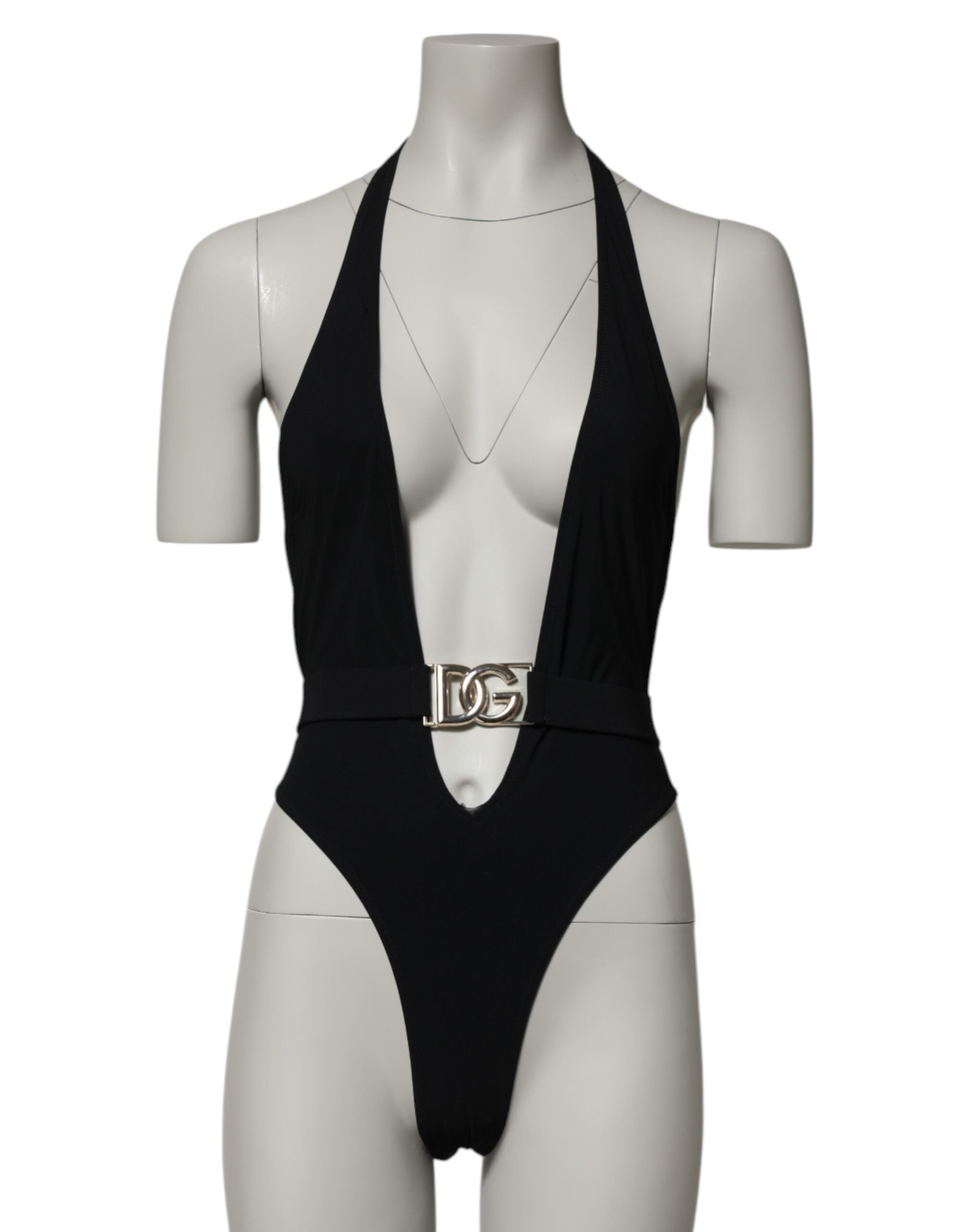 Dolce & Gabbana Schwarzer Nylon-Badeanzug mit tiefem V-Ausschnitt