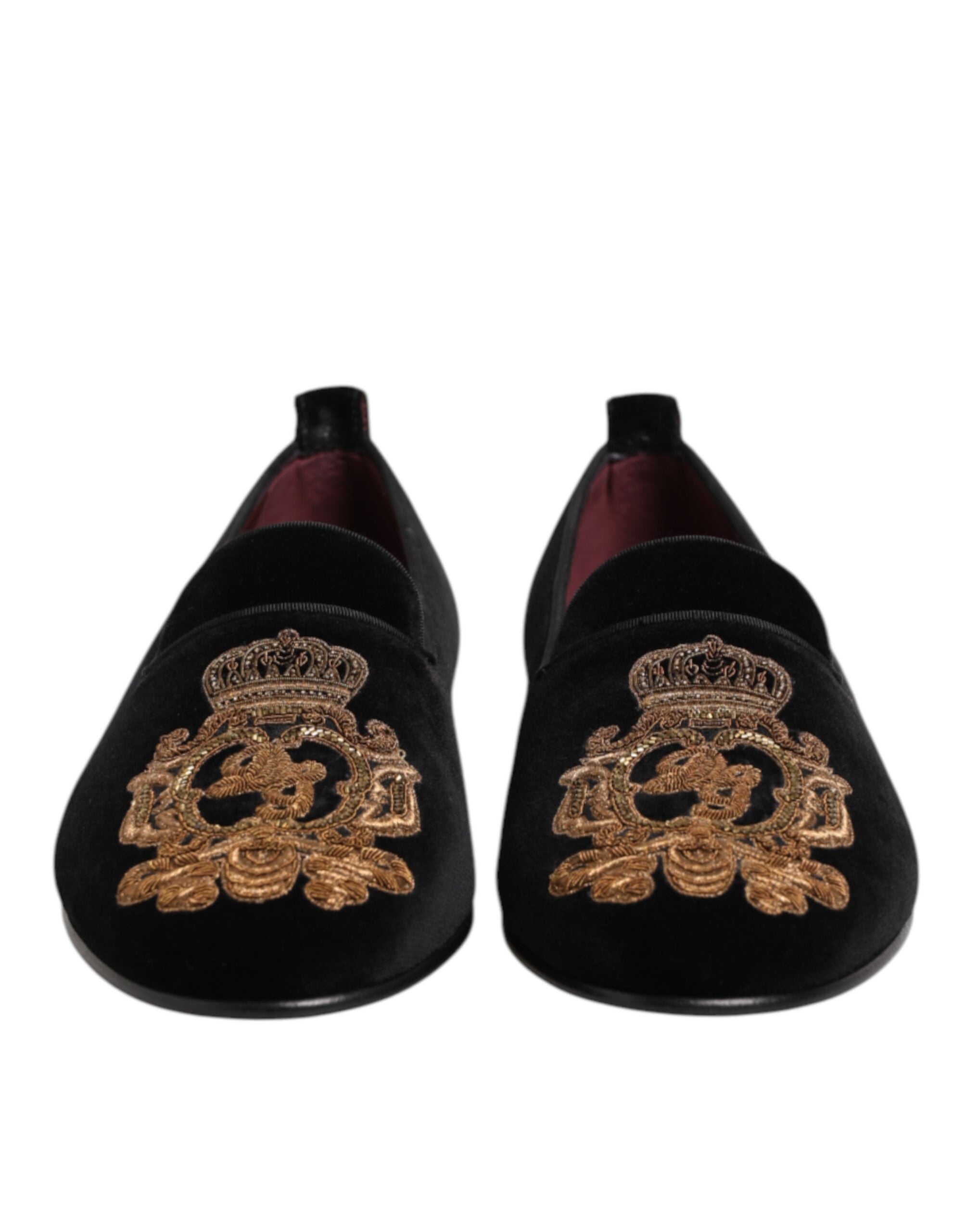 Dolce & Gabbana Schwarzer Samt Gold Crown Herren Loafers Schuhe