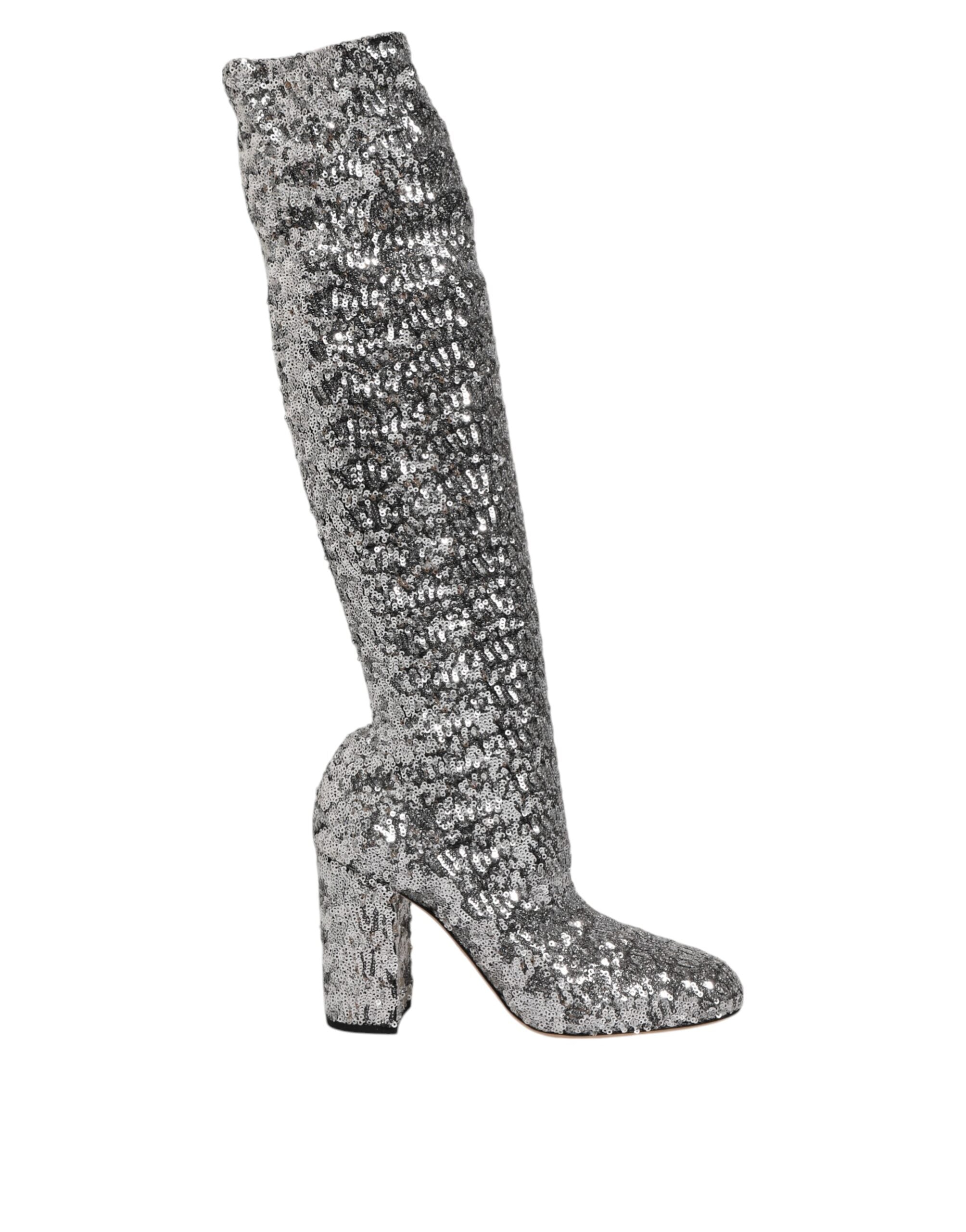 Dolce & Gabbana Silberne Pailletten Glitter High Heel Stiefel Schuhe