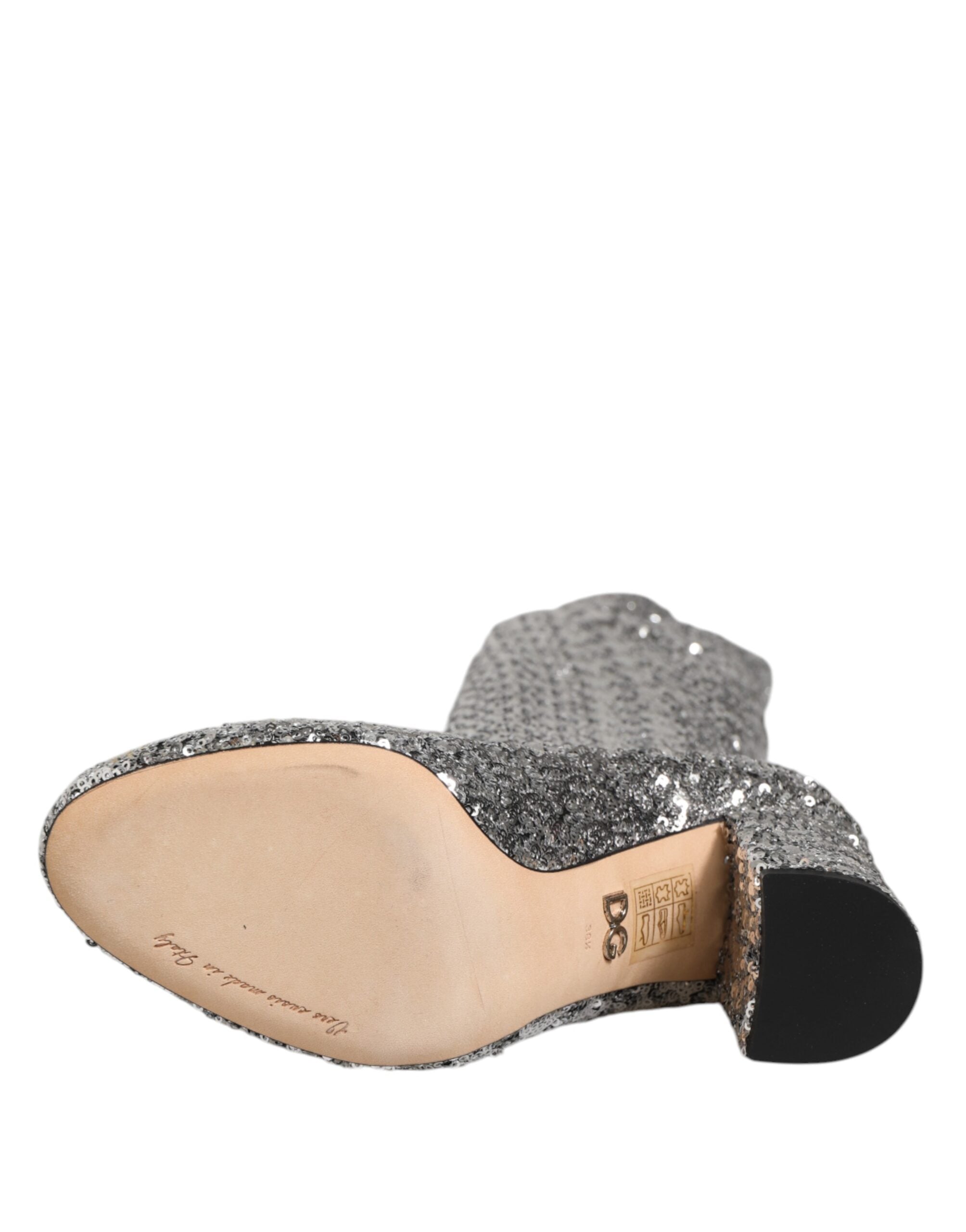 Dolce & Gabbana Silberne Pailletten Glitter High Heel Stiefel Schuhe