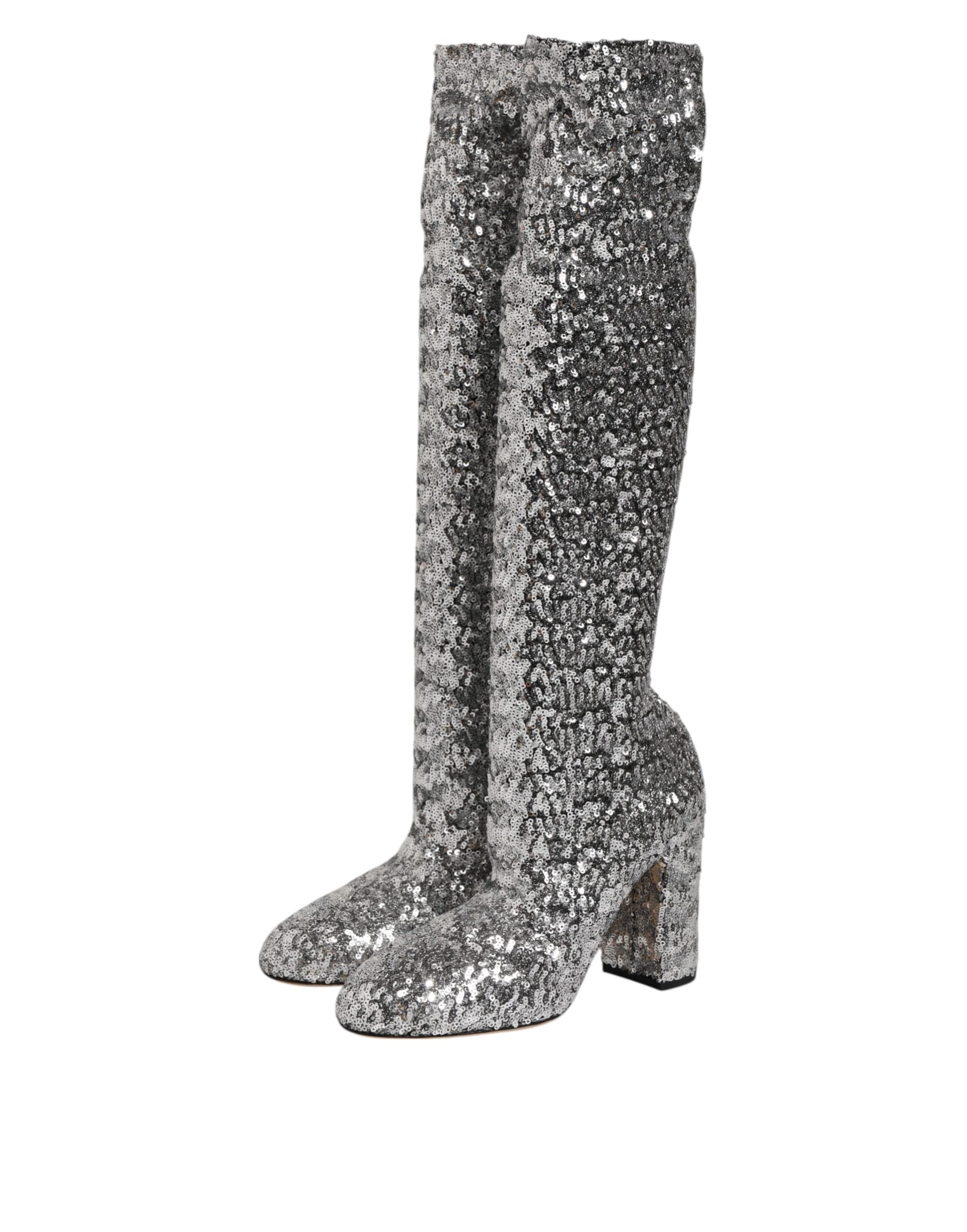 Dolce & Gabbana Silberne Pailletten Glitter High Heel Stiefel Schuhe