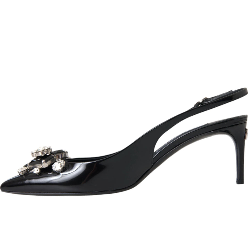 Dolce & Gabbana Schwarzes Lackleder Kristall Slingback Schuhe