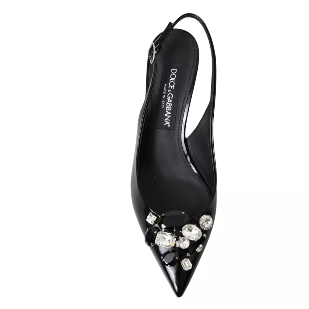 Dolce & Gabbana Schwarzes Lackleder Kristall Slingback Schuhe