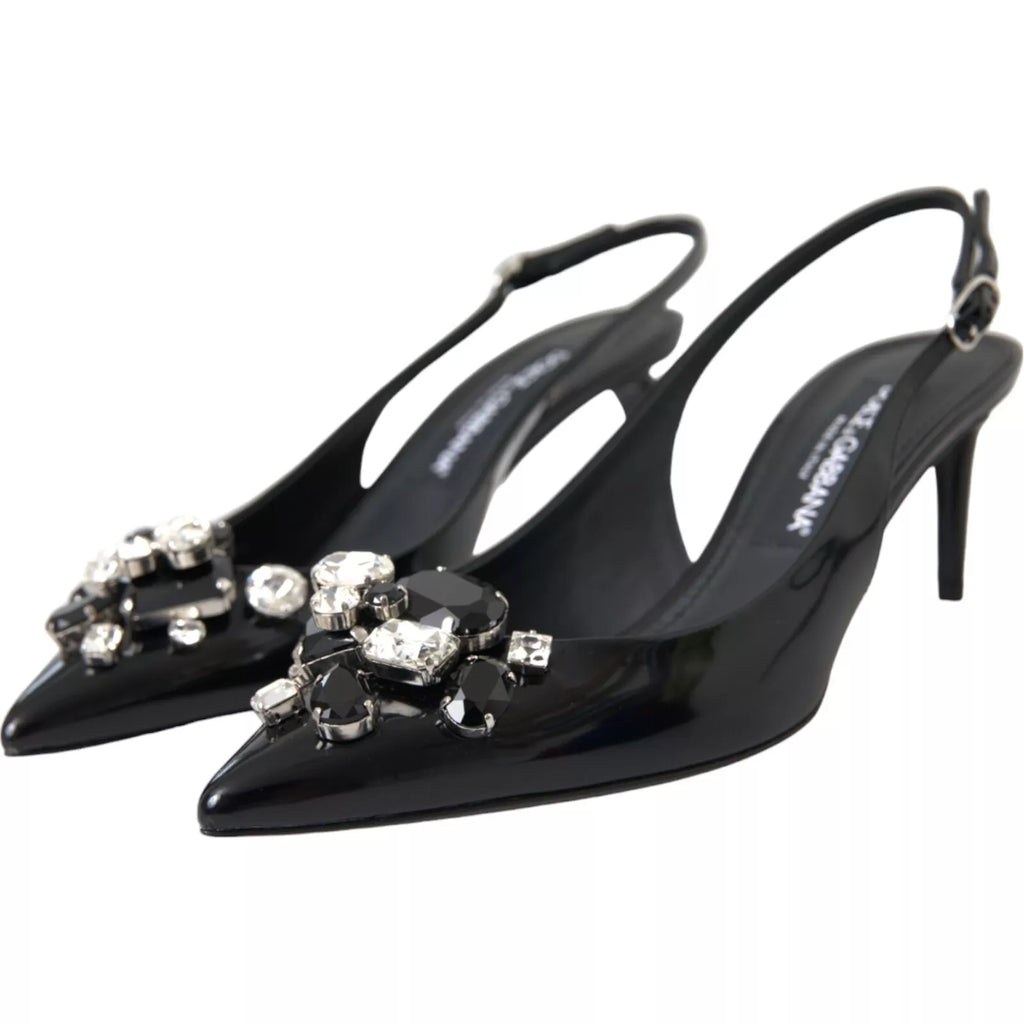 Dolce & Gabbana Schwarzes Lackleder Kristall Slingback Schuhe