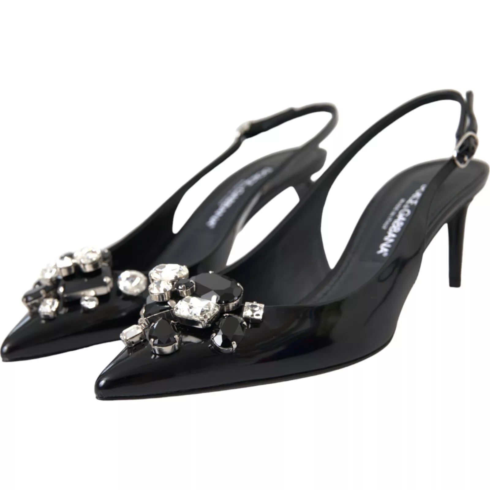 Dolce & Gabbana Schwarzes Lackleder Kristall Slingback Schuhe