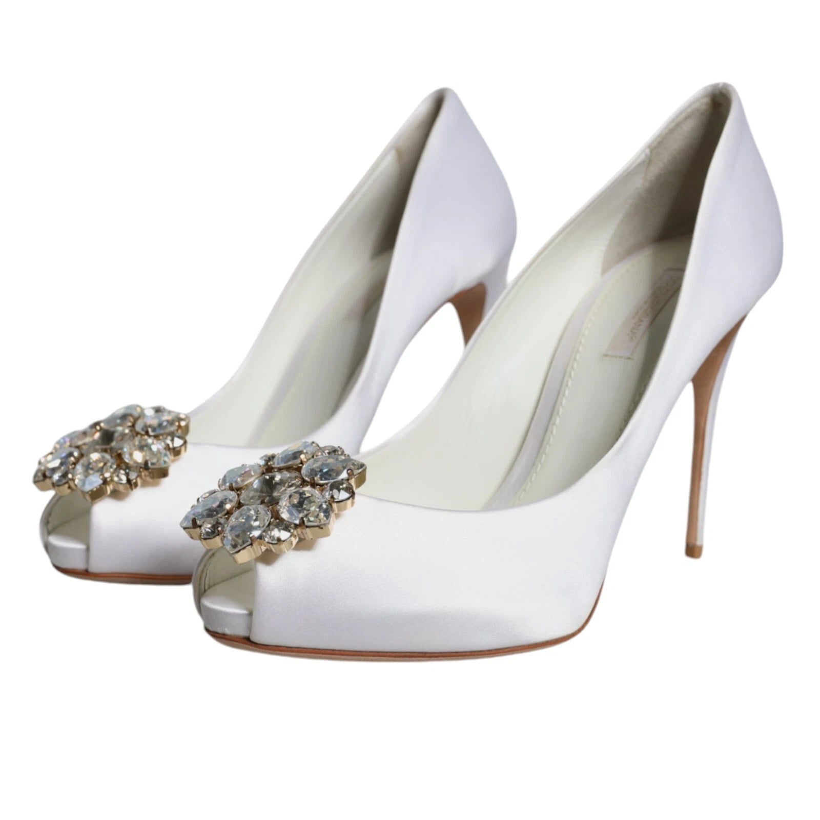 Dolce & Gabbana Weiße Crystals Peep Toe Satin Pumps Schuhe