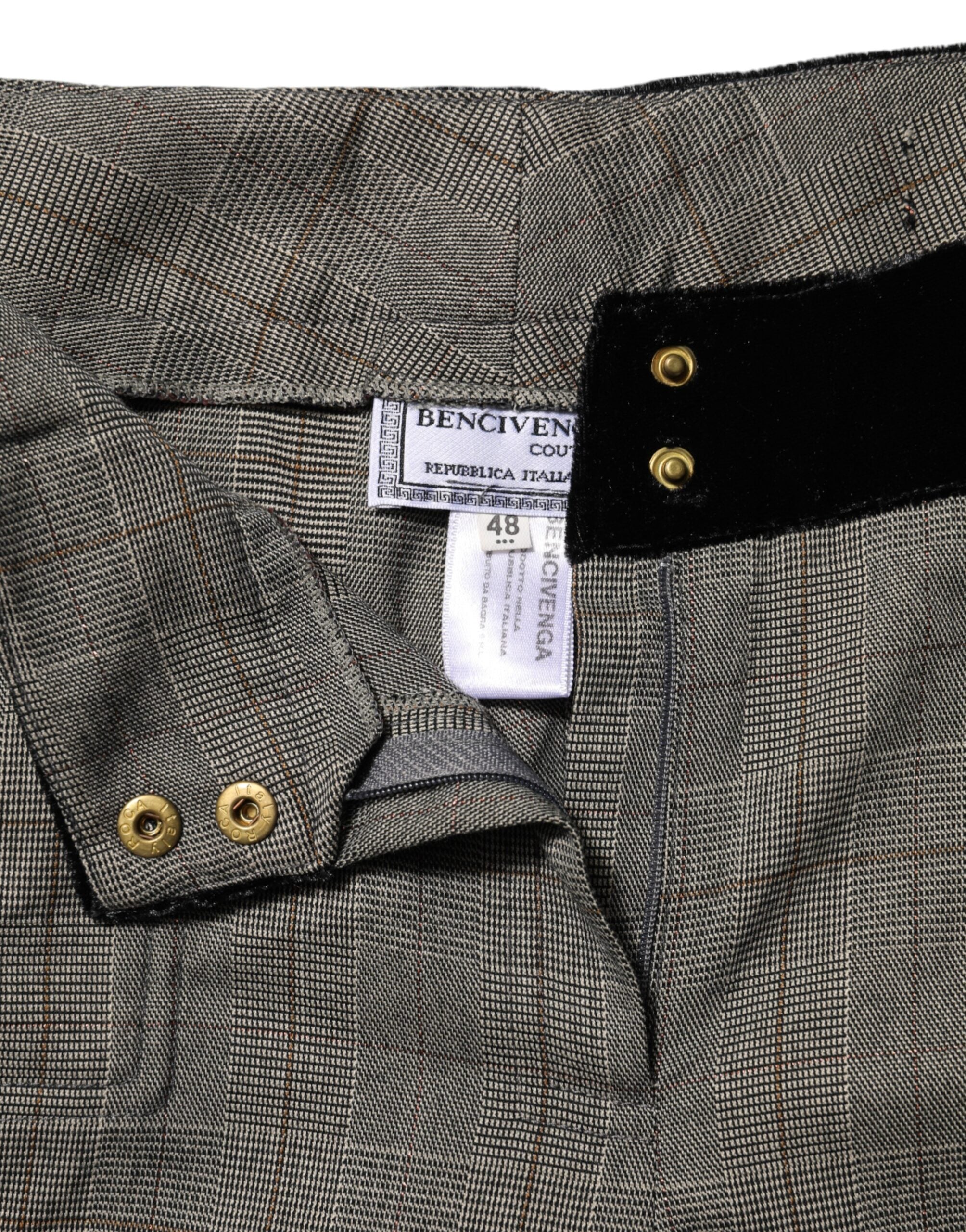 BENCIVENGA Graue Wollmischung Kariert Gerade Hose mit Samtbund