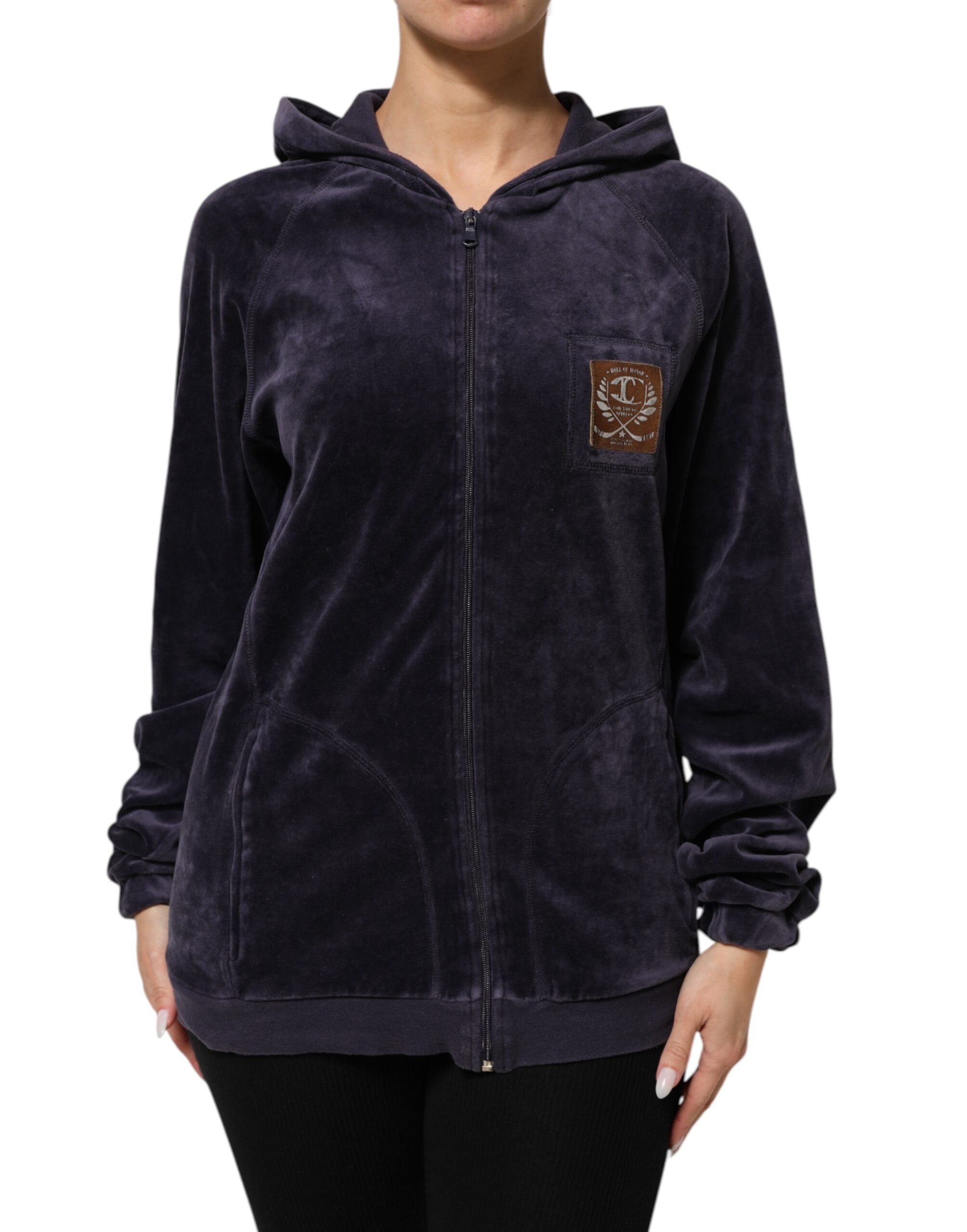 Cavalli Class Lila Baumwollmischung Samt Zip-Up Hoodie Sweatshirt Pullover
