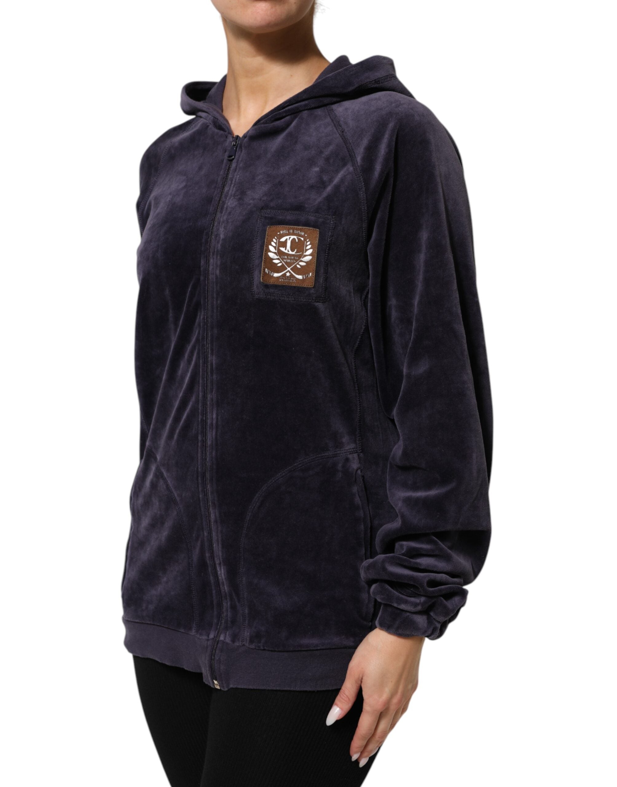 Cavalli Class Lila Baumwollmischung Samt Zip-Up Hoodie Sweatshirt Pullover