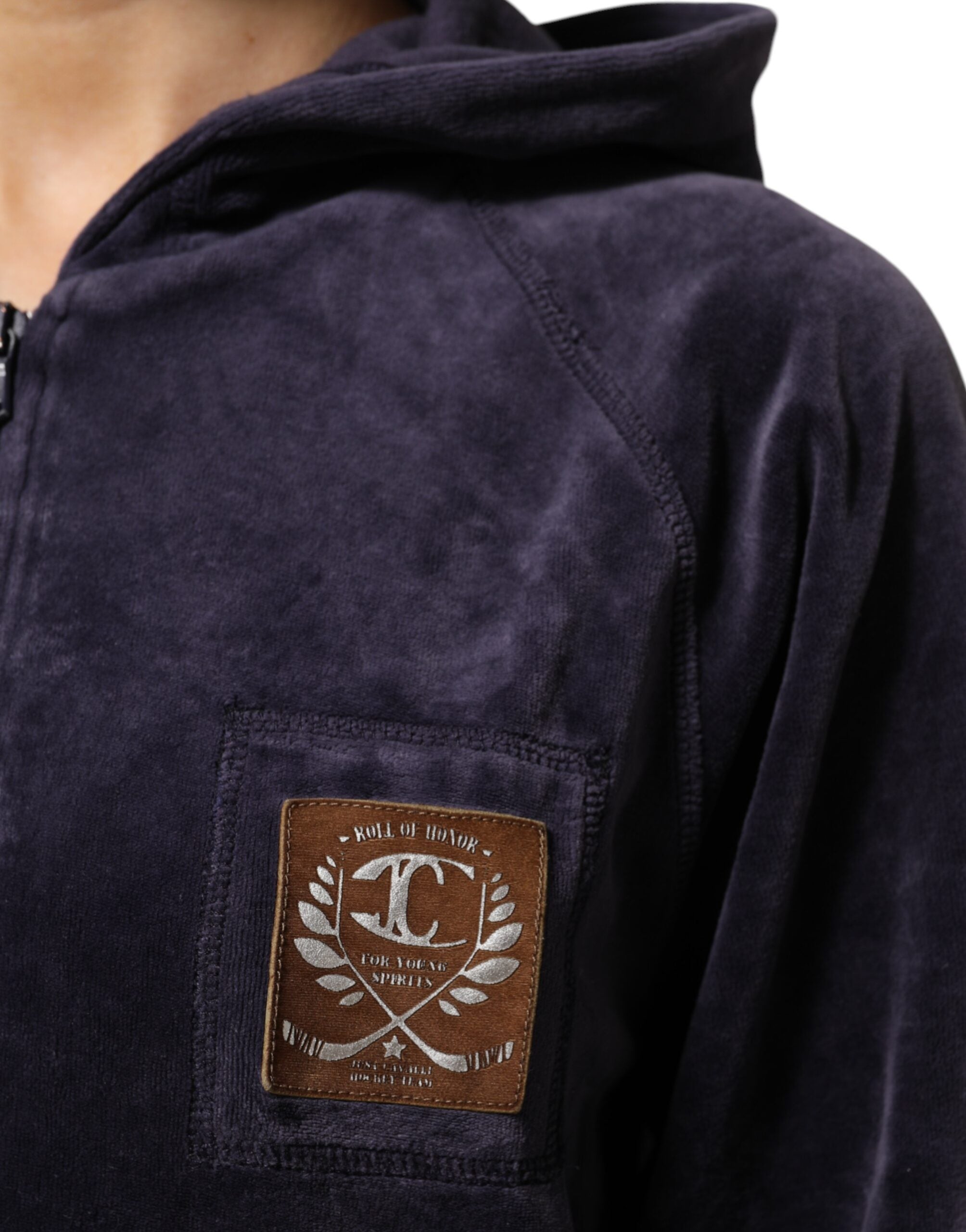 Cavalli Class Lila Baumwollmischung Samt Zip-Up Hoodie Sweatshirt Pullover