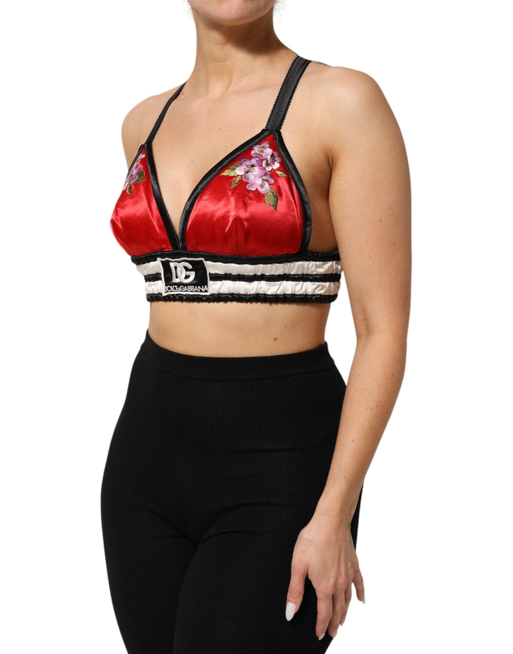 Dolce & Gabbana Rotes Satin Bralette Crop Top mit Blumenstickerei