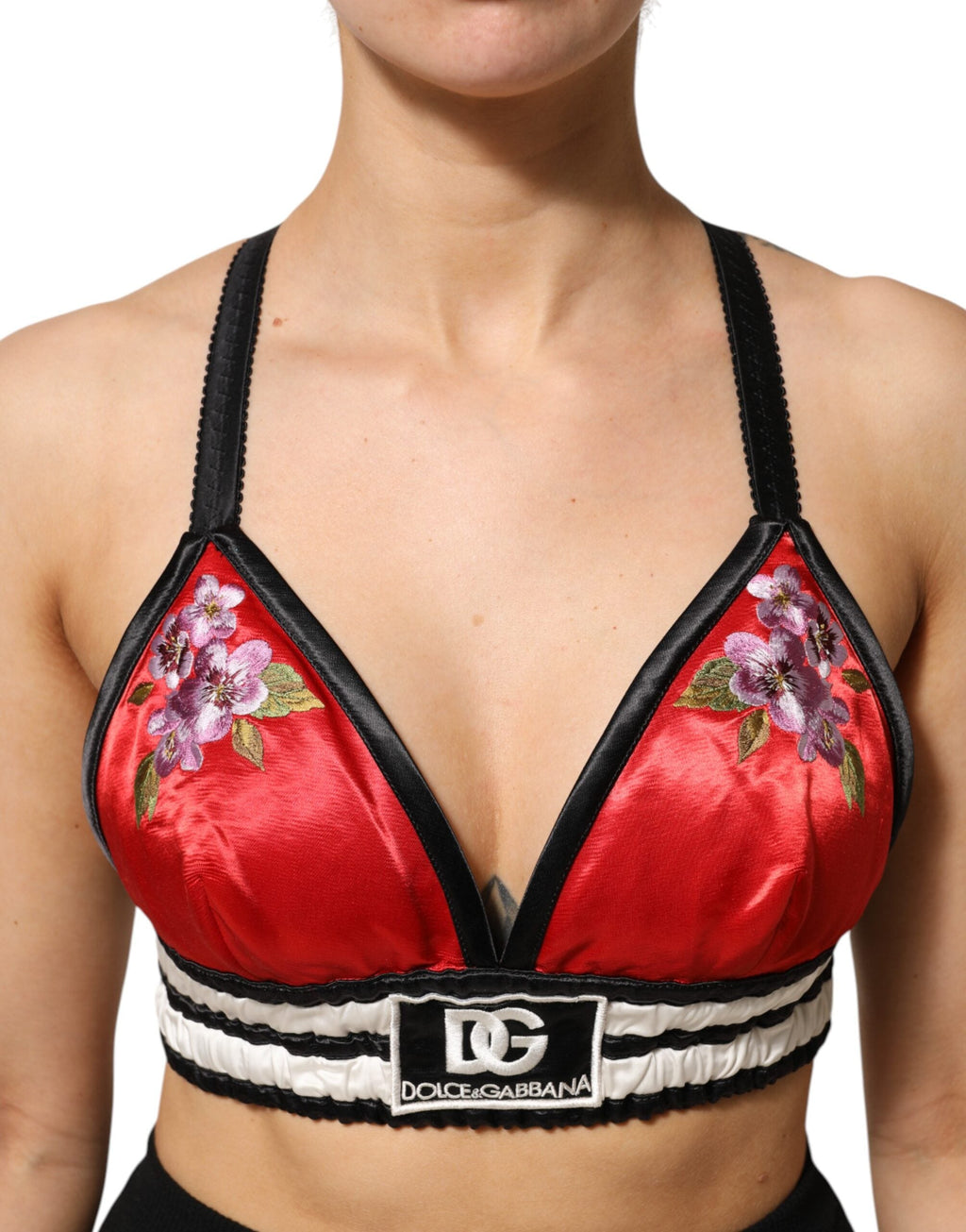 Dolce & Gabbana Rotes Satin Bralette Crop Top mit Blumenstickerei