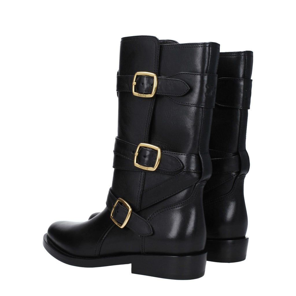 Celine Flache Stiefel aus schwarzem Leder