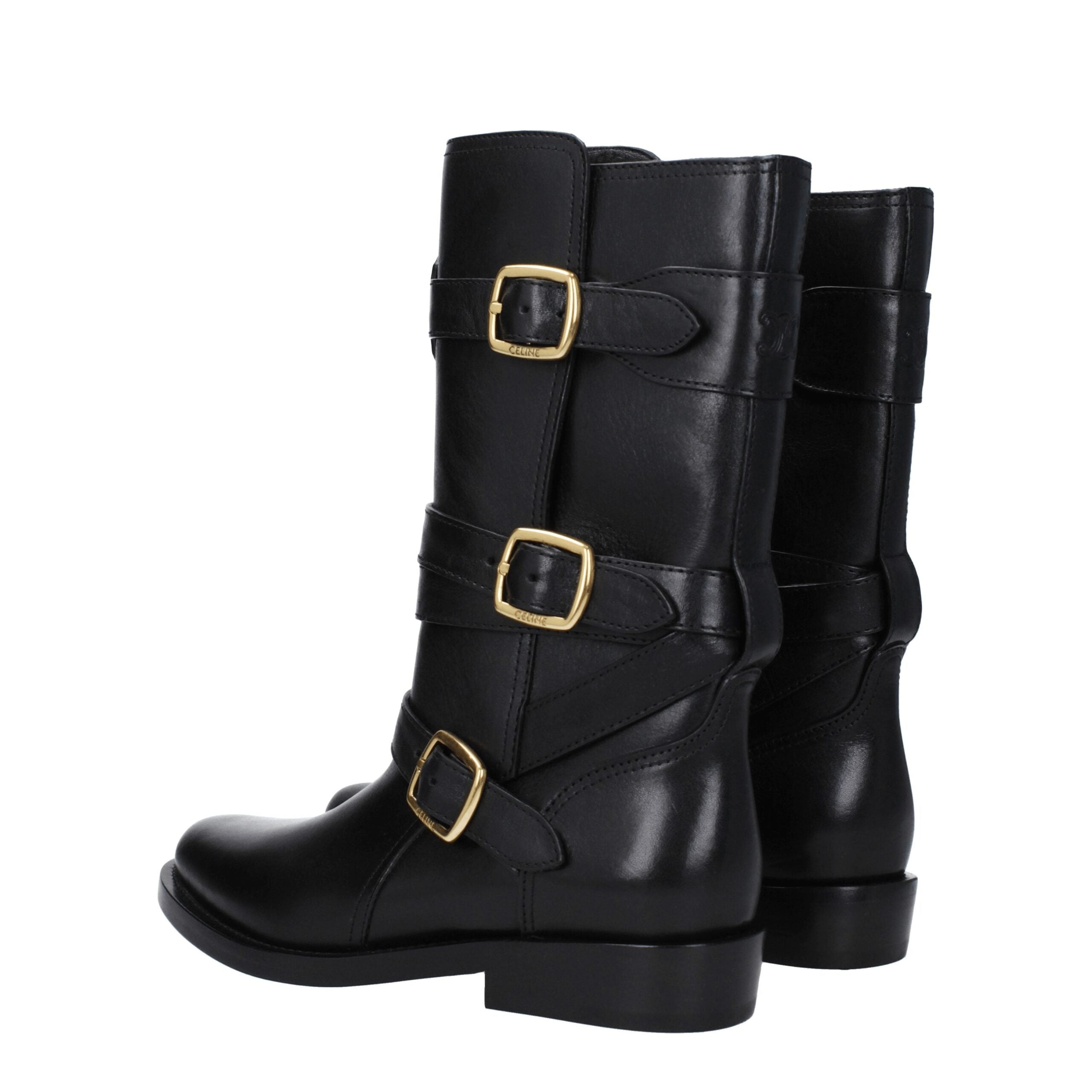 Celine Flache Stiefel aus schwarzem Leder