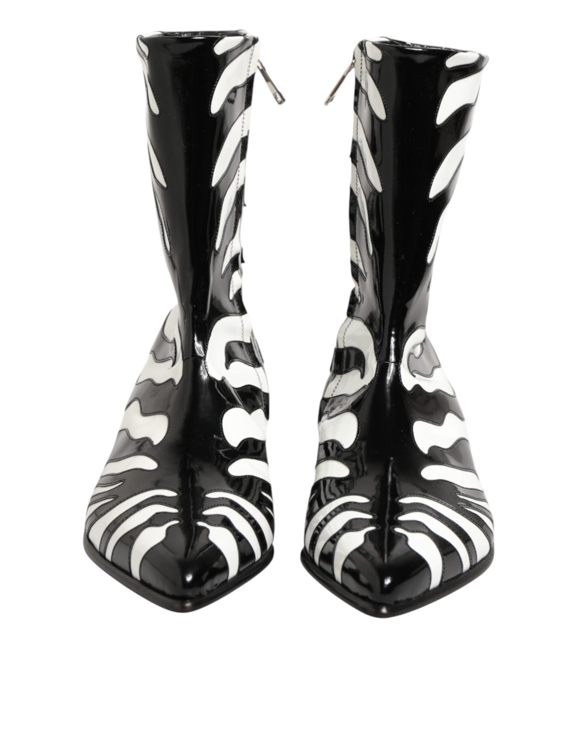 Dolce & Gabbana Schwarz Weiß Zebra Leder Mid Calf Stiefel Schuhe