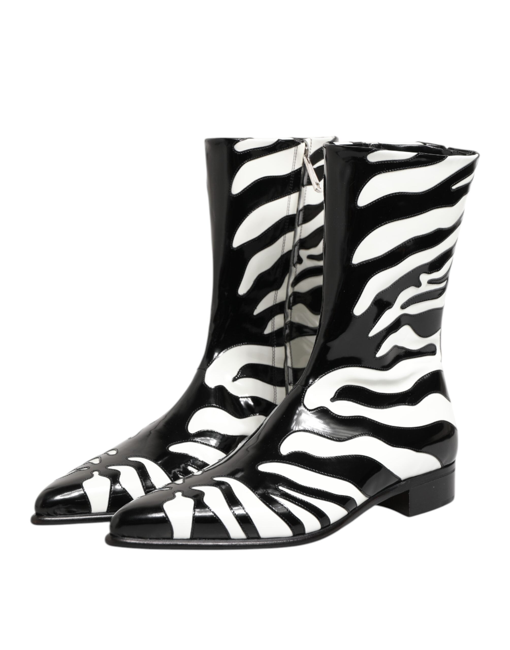 Dolce & Gabbana Schwarz Weiß Zebra Leder Mid Calf Stiefel Schuhe