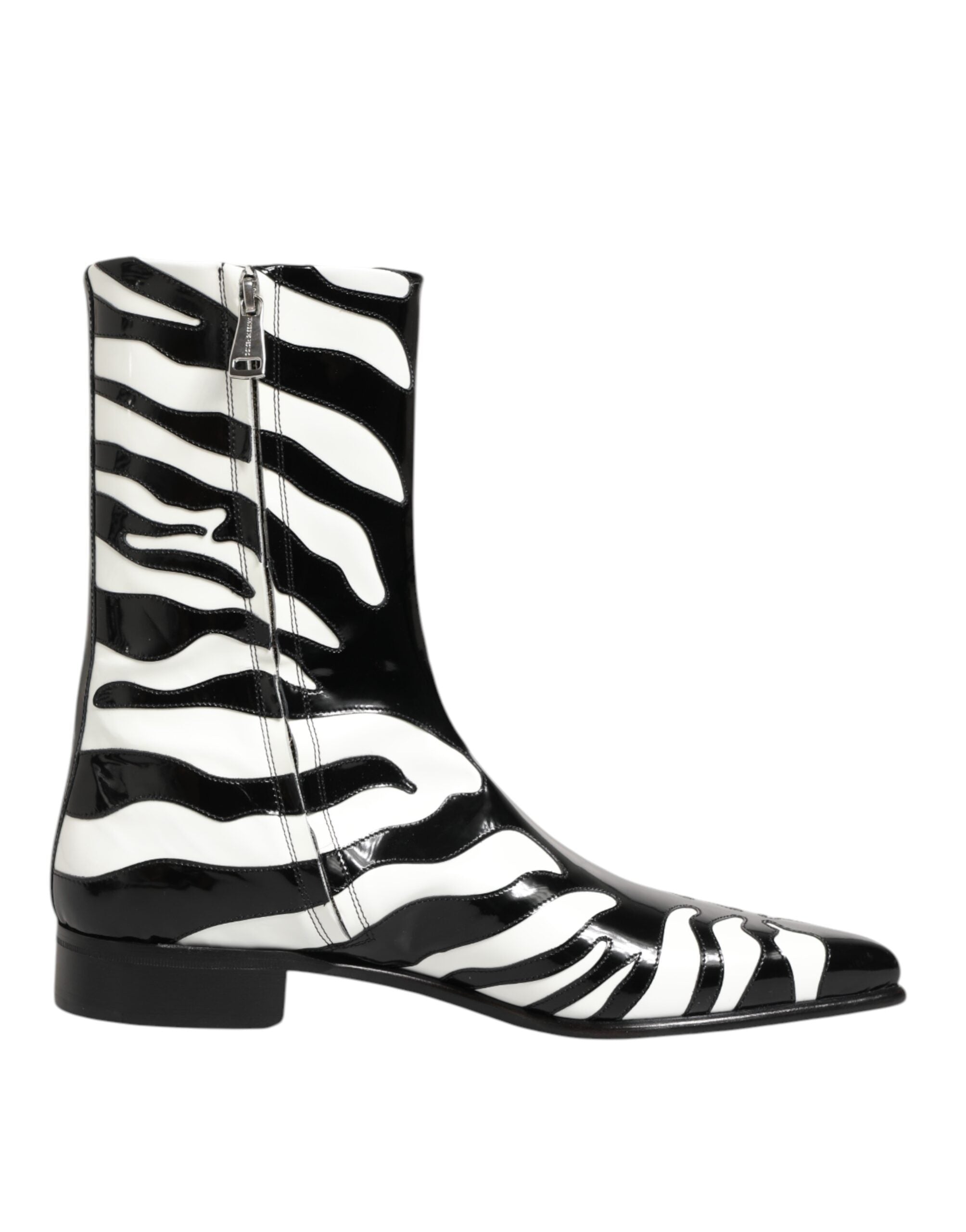 Dolce & Gabbana Schwarz Weiß Zebra Leder Mid Calf Stiefel Schuhe