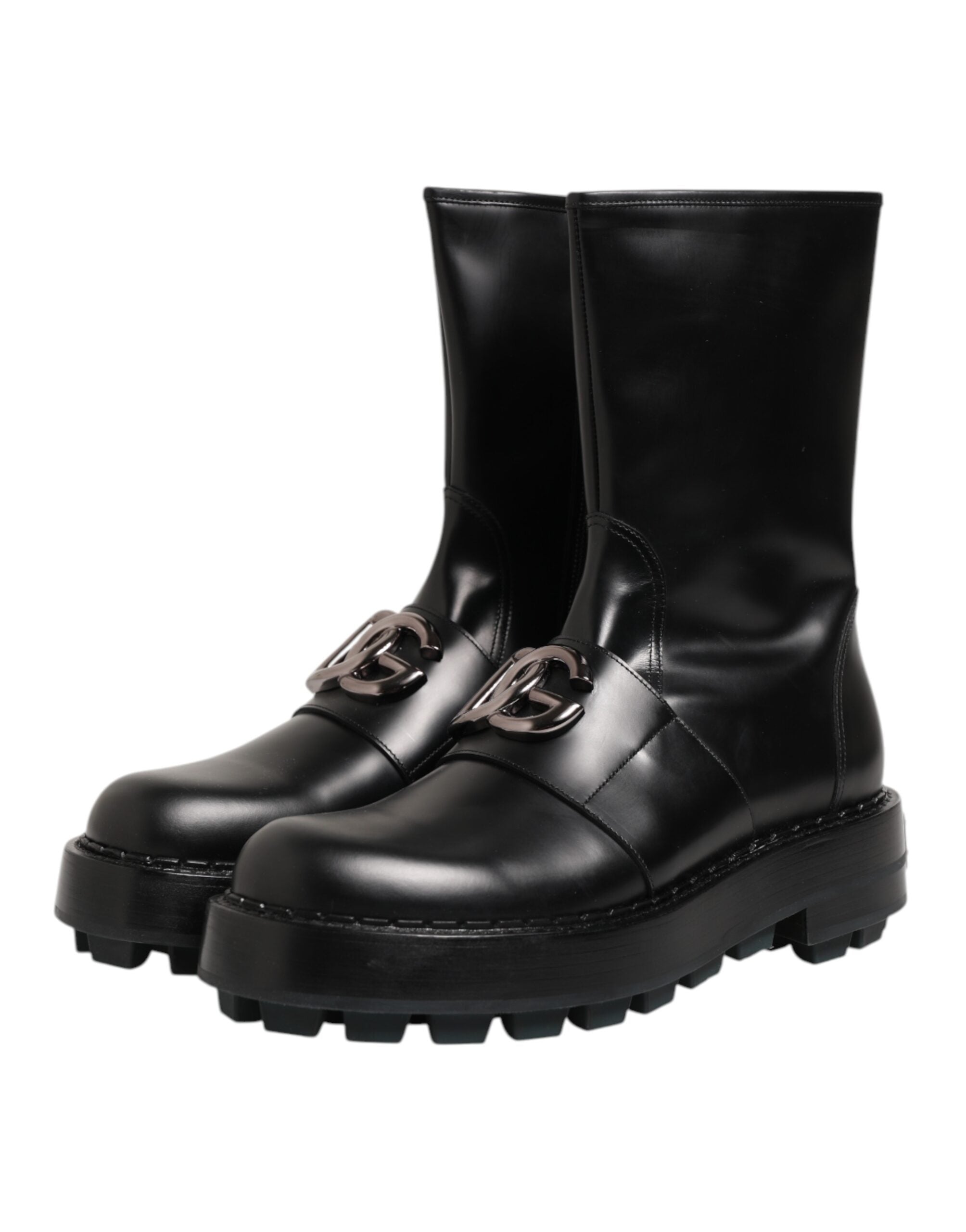 Dolce & Gabbana Schwarze Logo-Plakette Mid Calf Biker Boots Schuhe