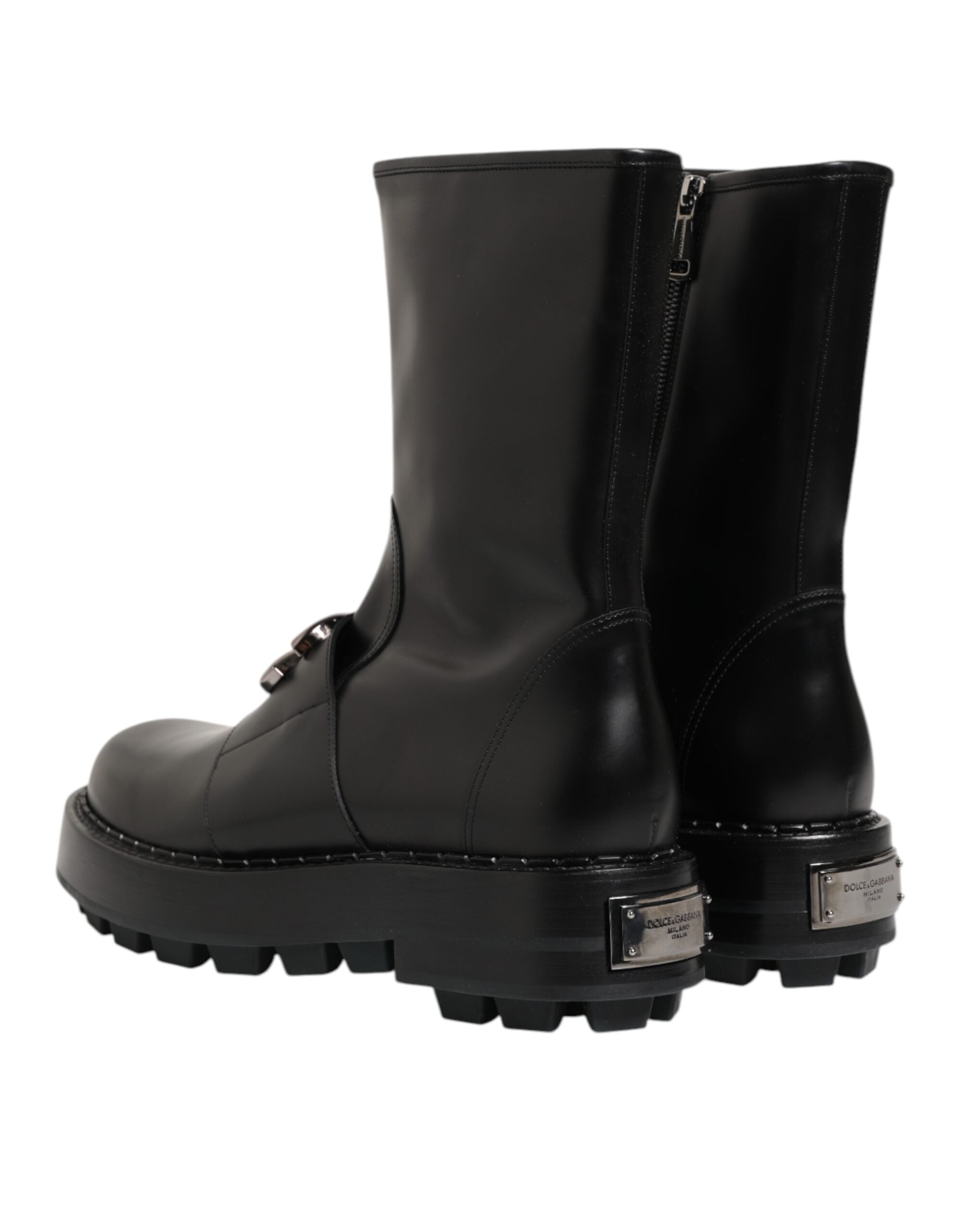 Dolce & Gabbana Schwarze Logo-Plakette Mid Calf Biker Boots Schuhe