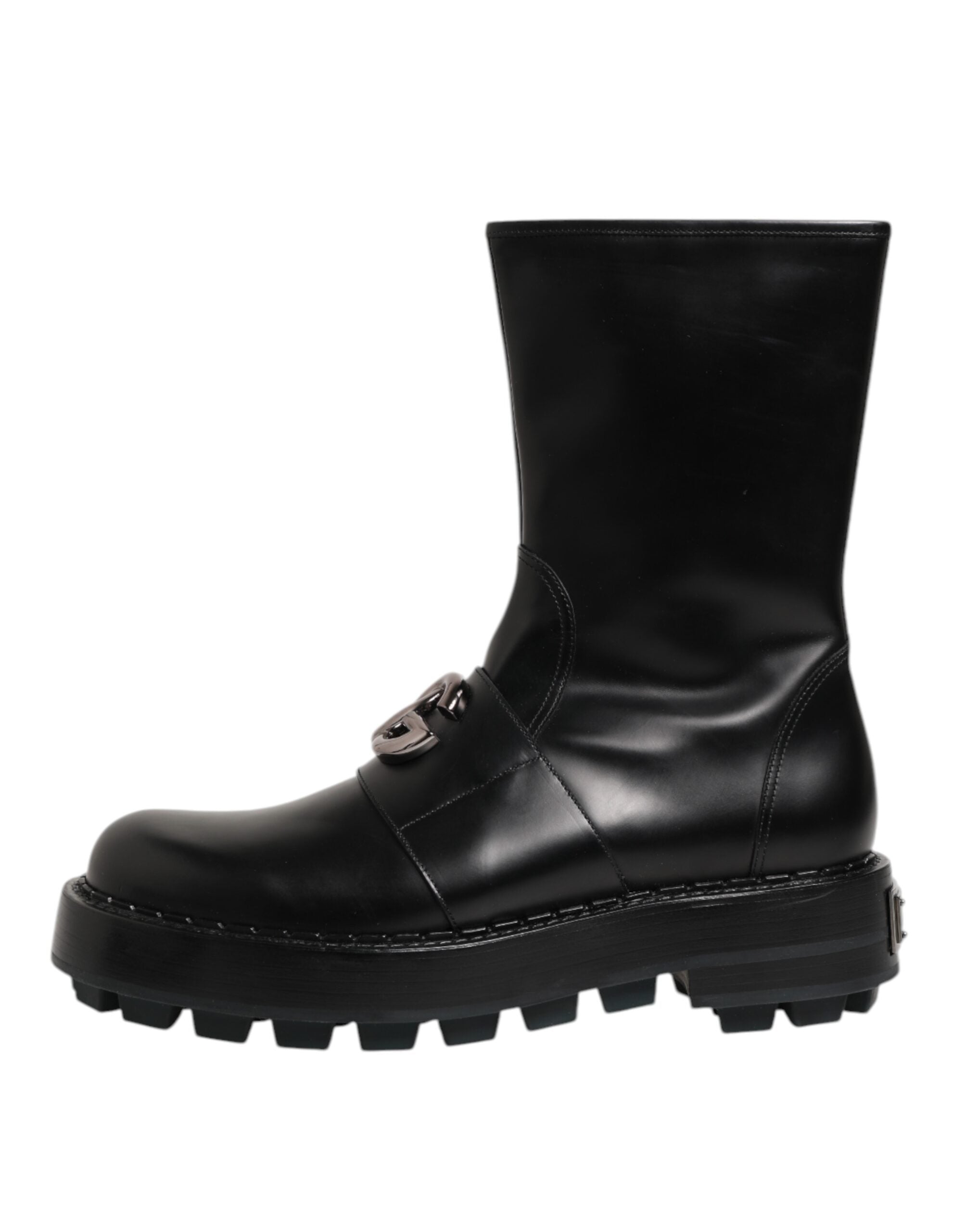 Dolce & Gabbana Schwarze Logo-Plakette Mid Calf Biker Boots Schuhe