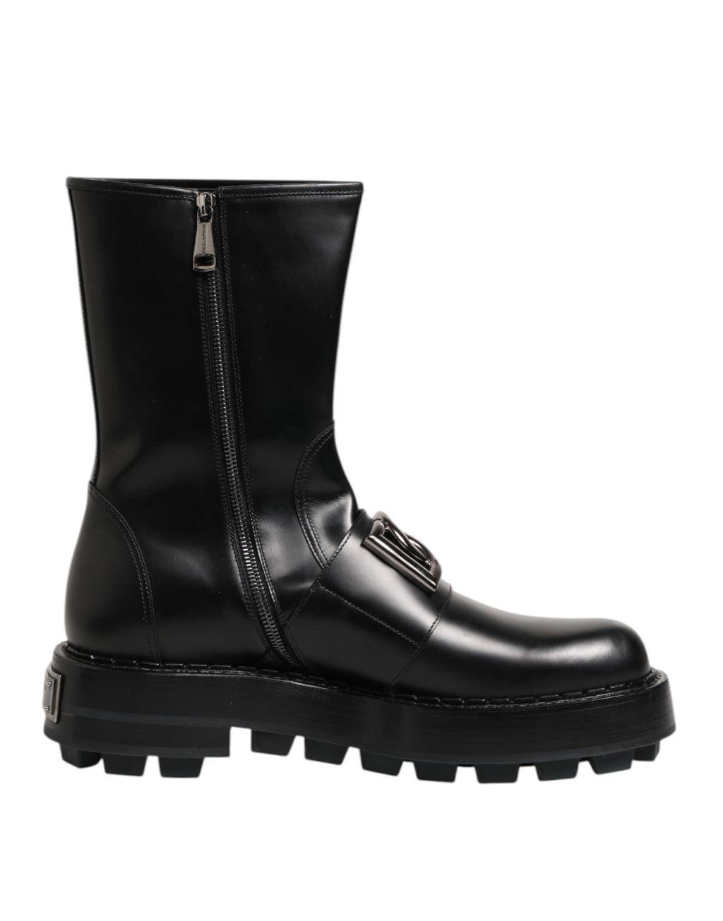 Dolce & Gabbana Schwarze Logo-Plakette Mid Calf Biker Boots Schuhe