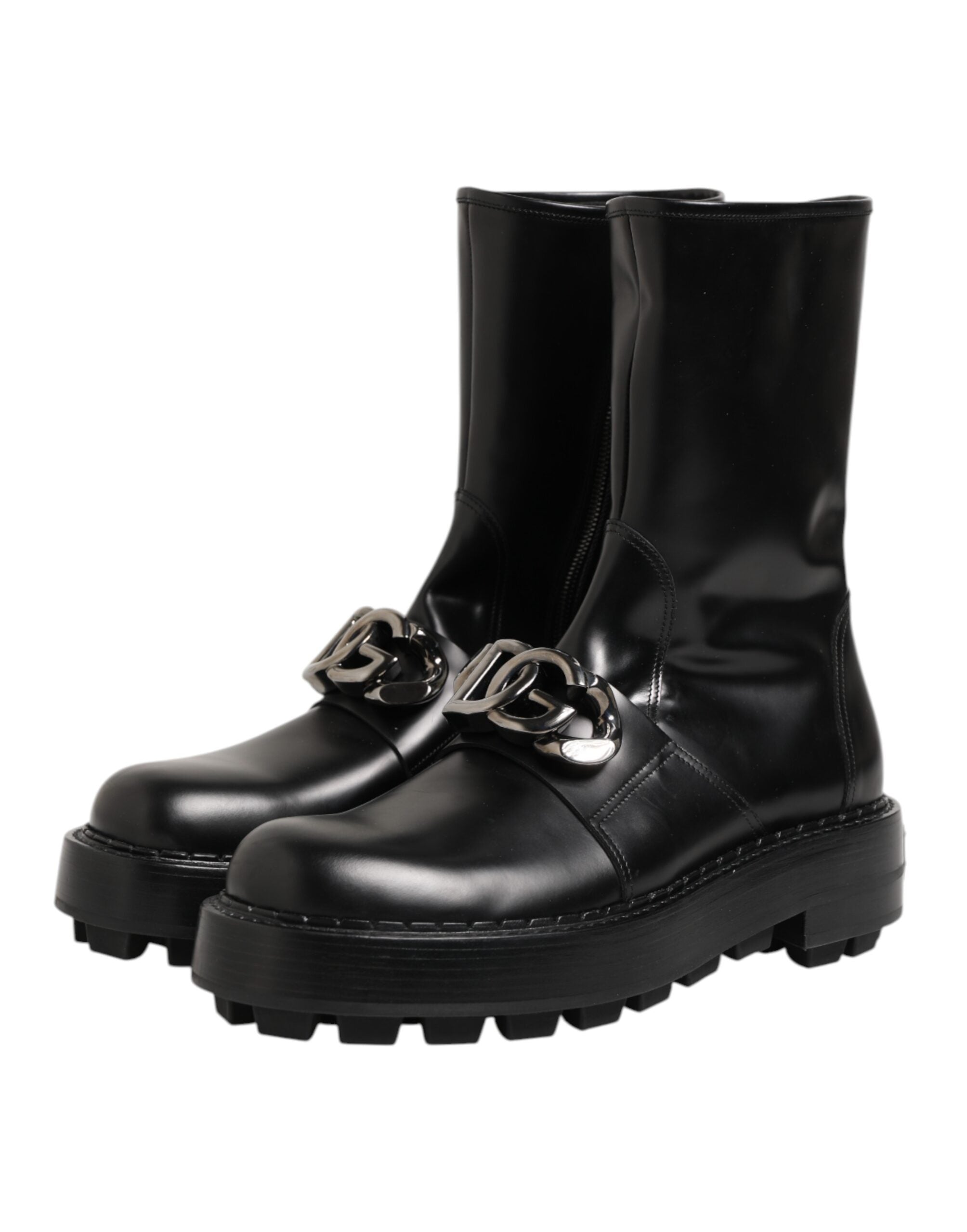 Dolce & Gabbana Schwarze Logo-Plakette Mid Calf Biker Boots Schuhe