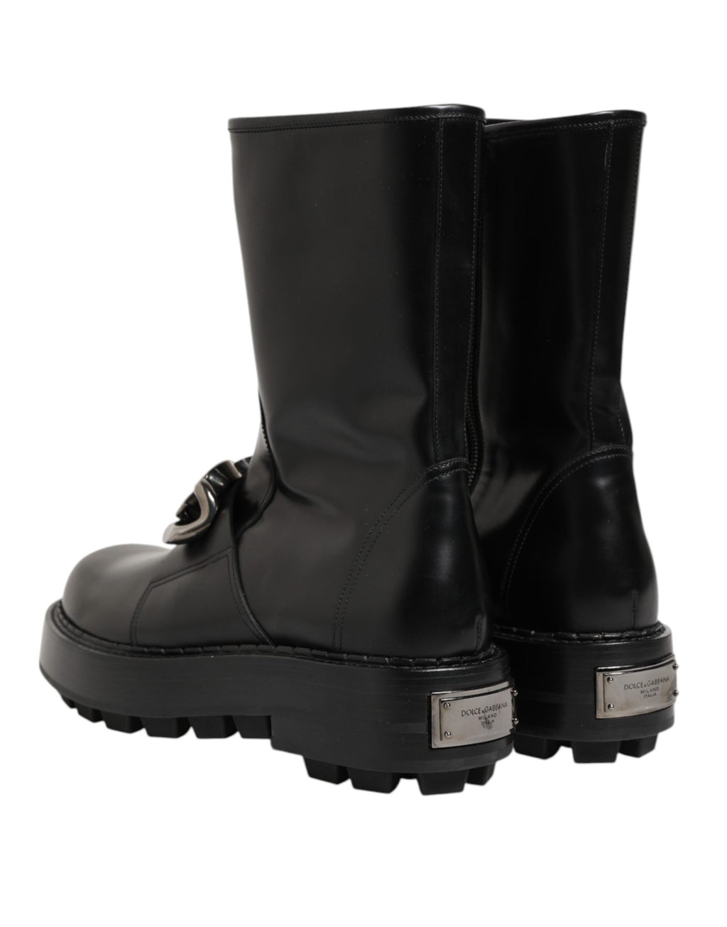 Dolce & Gabbana Schwarze Logo-Plakette Mid Calf Biker Boots Schuhe