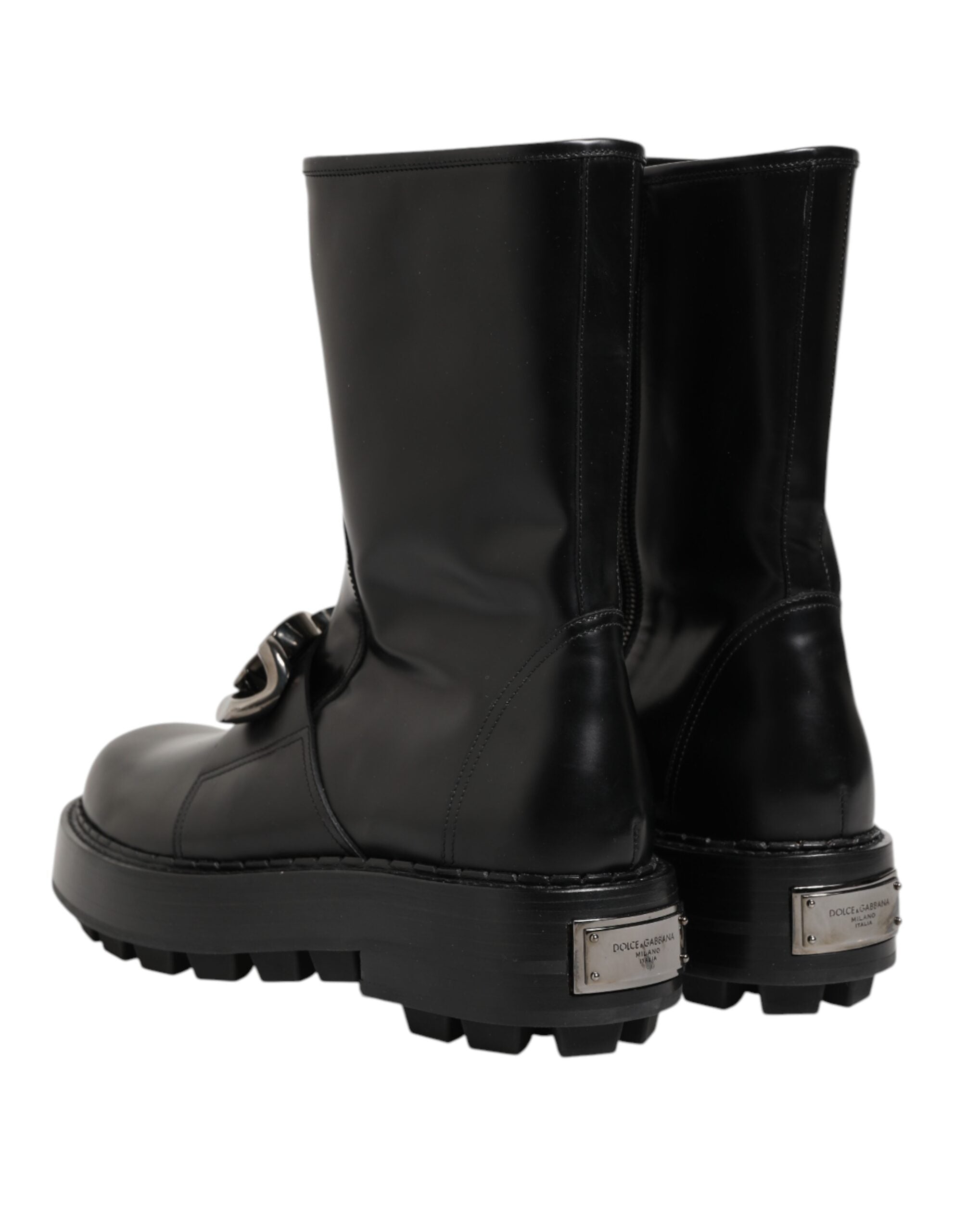 Dolce & Gabbana Schwarze Logo-Plakette Mid Calf Biker Boots Schuhe