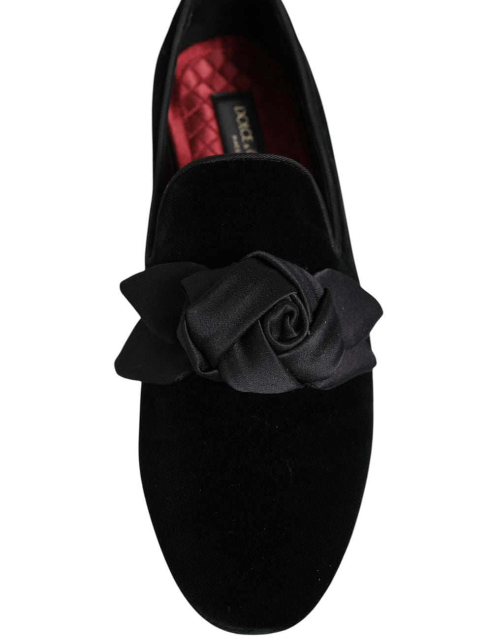 Dolce & Gabbana Schwarz Wildleder Baumwolle Rose Slip On Loafers Schuhe