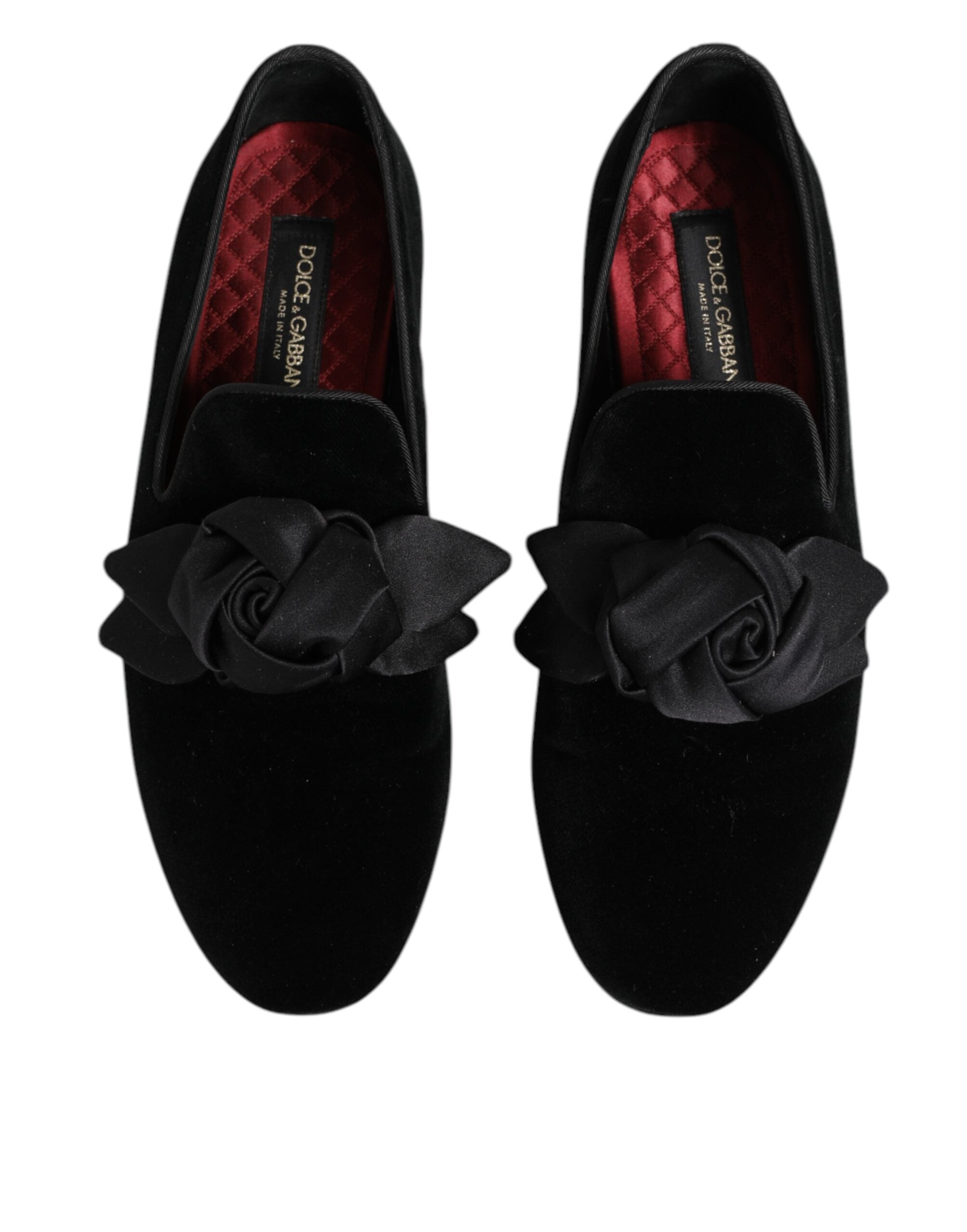 Dolce & Gabbana Schwarz Wildleder Baumwolle Rose Slip On Loafers Schuhe