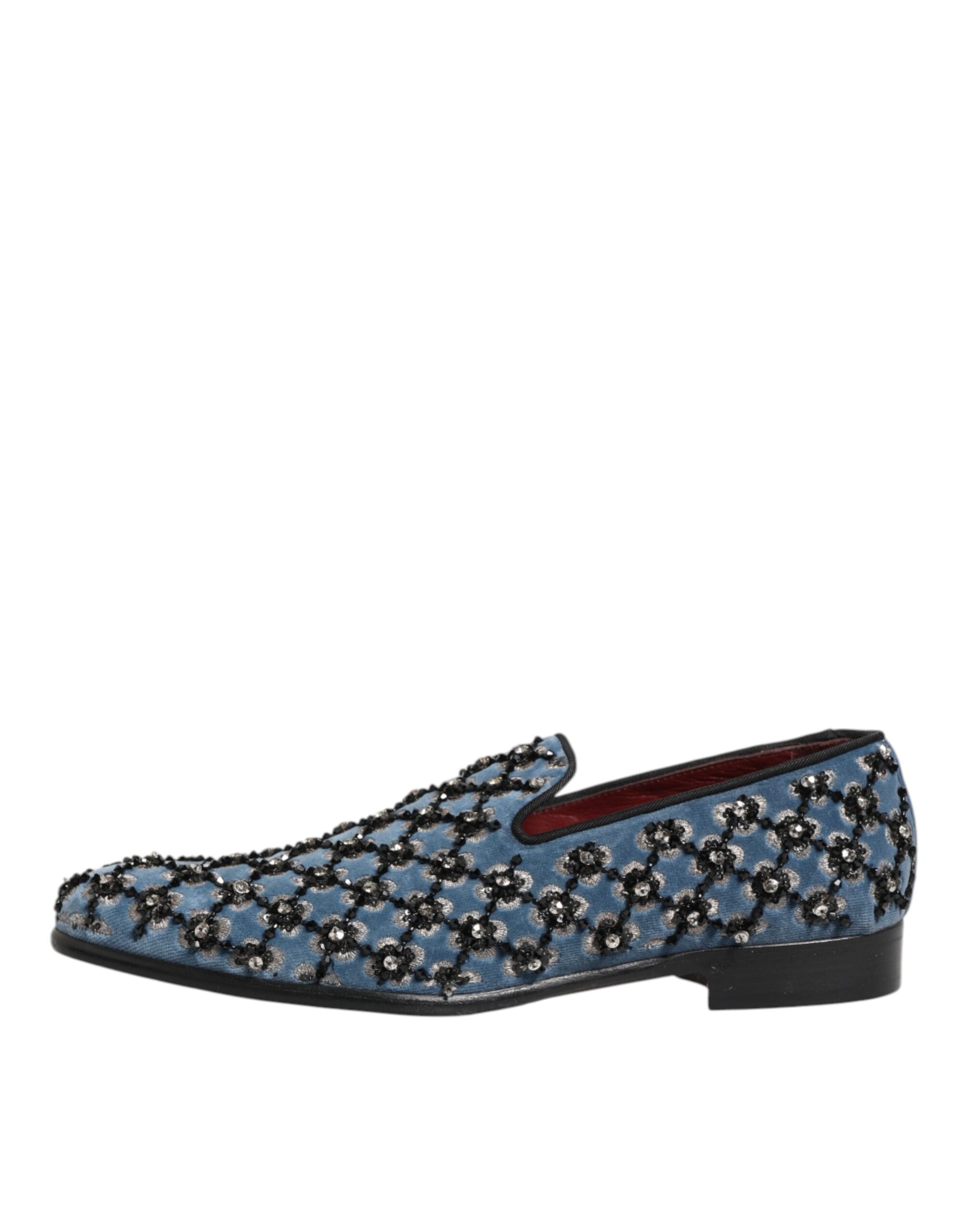 Dolce & Gabbana Blauer Samt Crystal Detailing Loafer Männer Schuhe