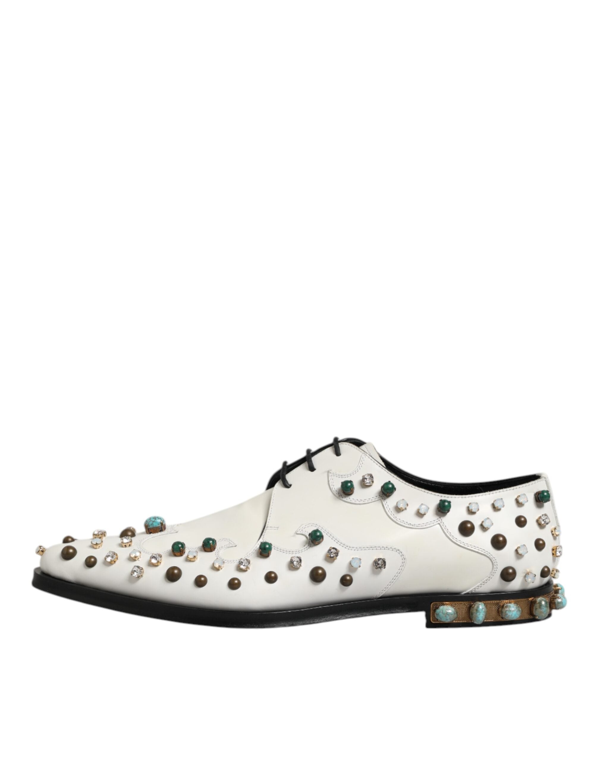 Dolce & Gabbana Weiße, mit Kristallen verzierte Derby-Schuhe aus Leder