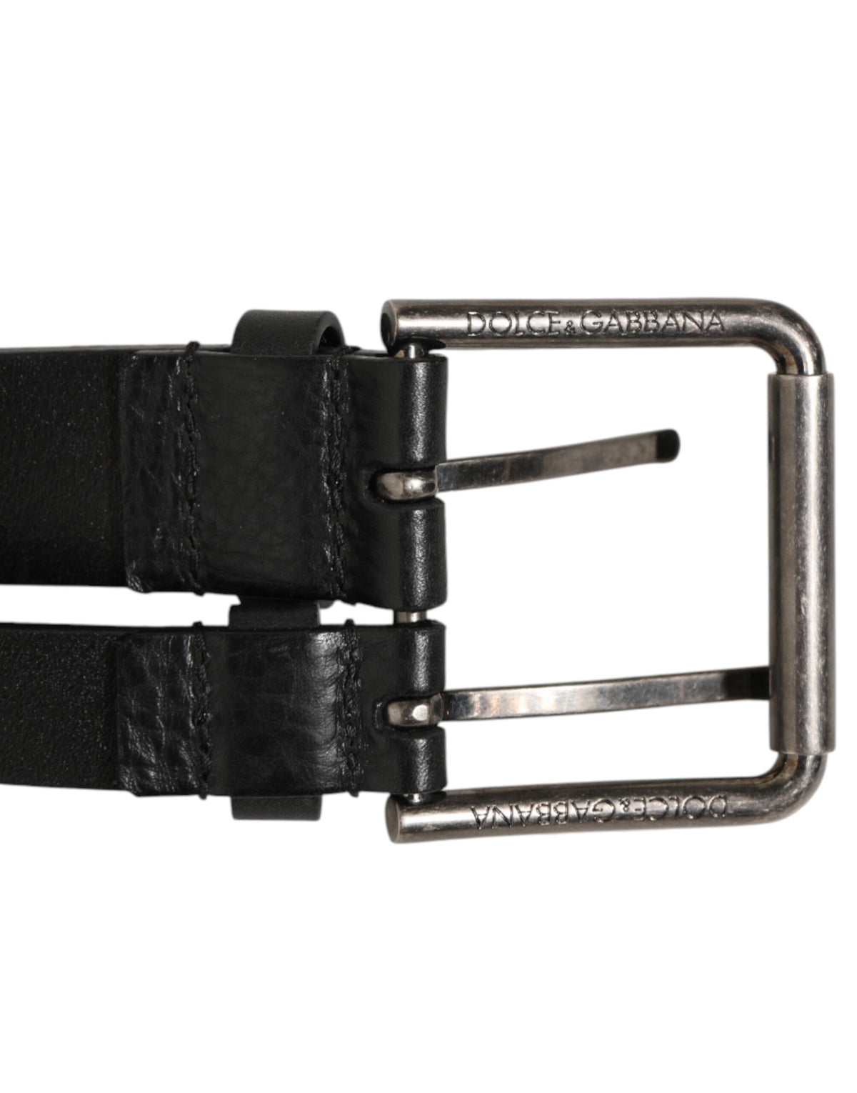 Dolce & Gabbana Black Double Strap Leather Silver Buckle Belt