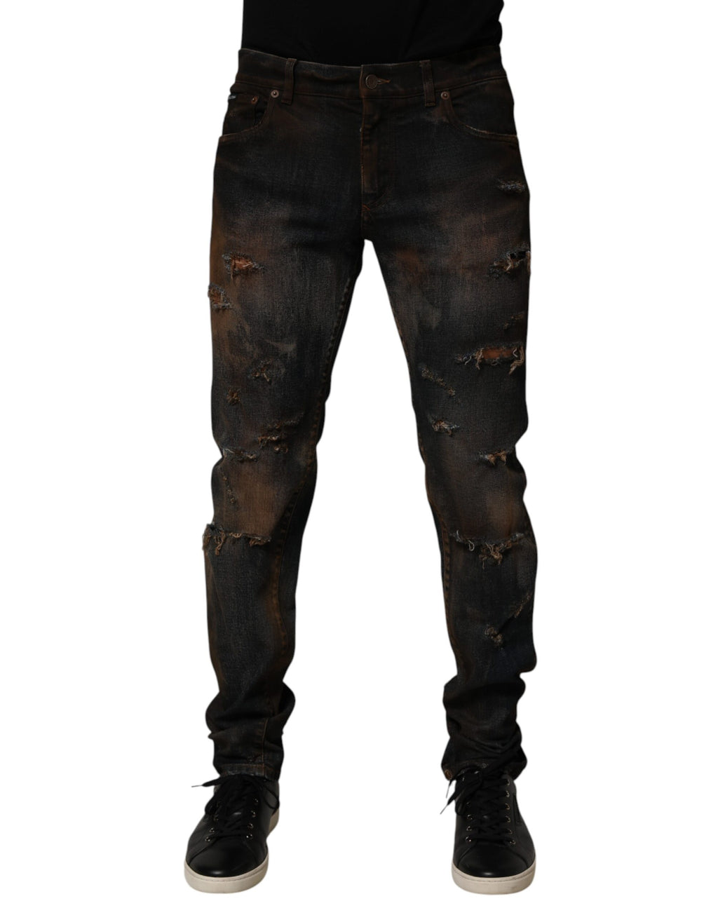Dolce & Gabbana Schwarze Baumwolle Skinny Tattered Men Denim Jeans