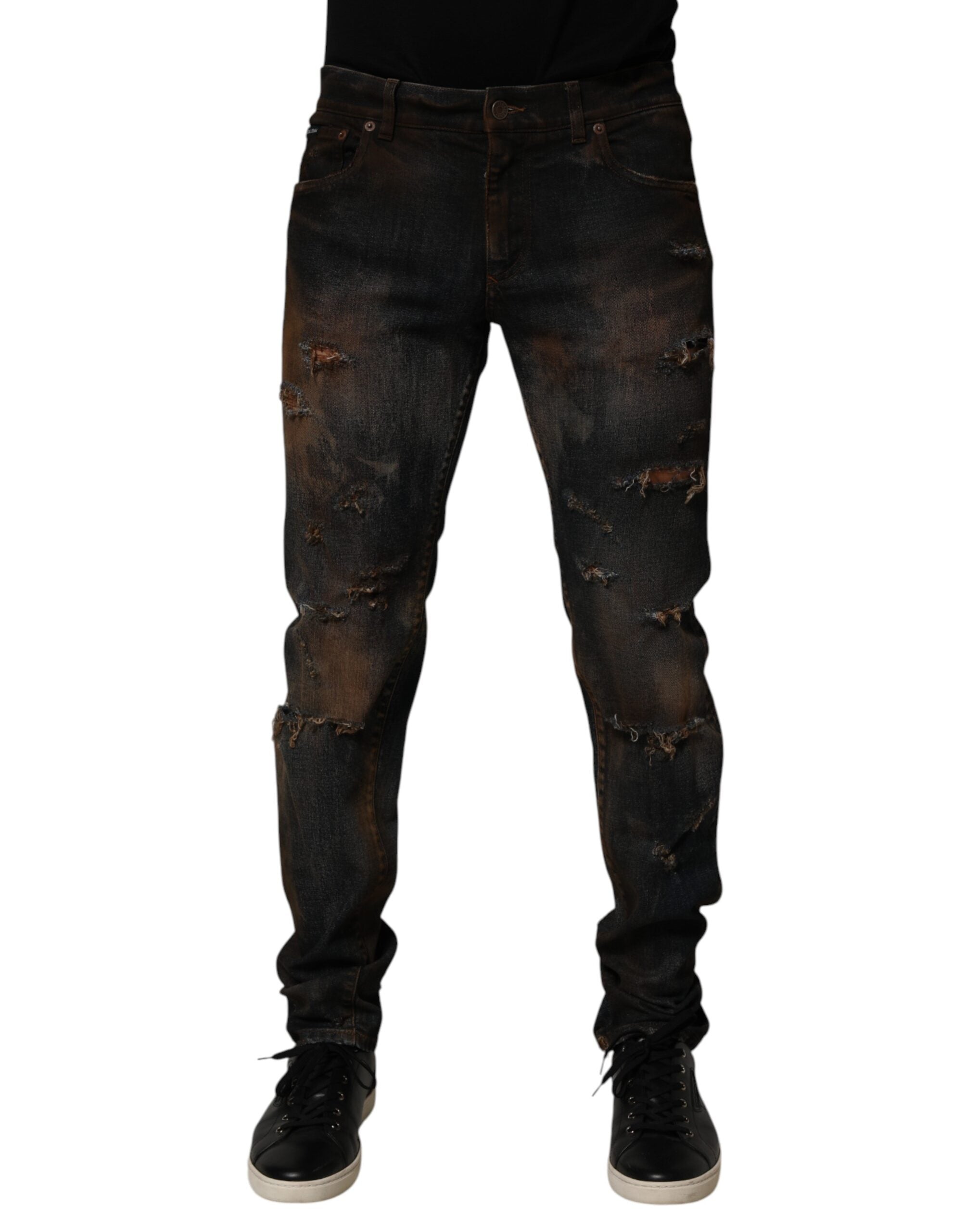 Dolce & Gabbana Schwarze Baumwolle Skinny Tattered Men Denim Jeans