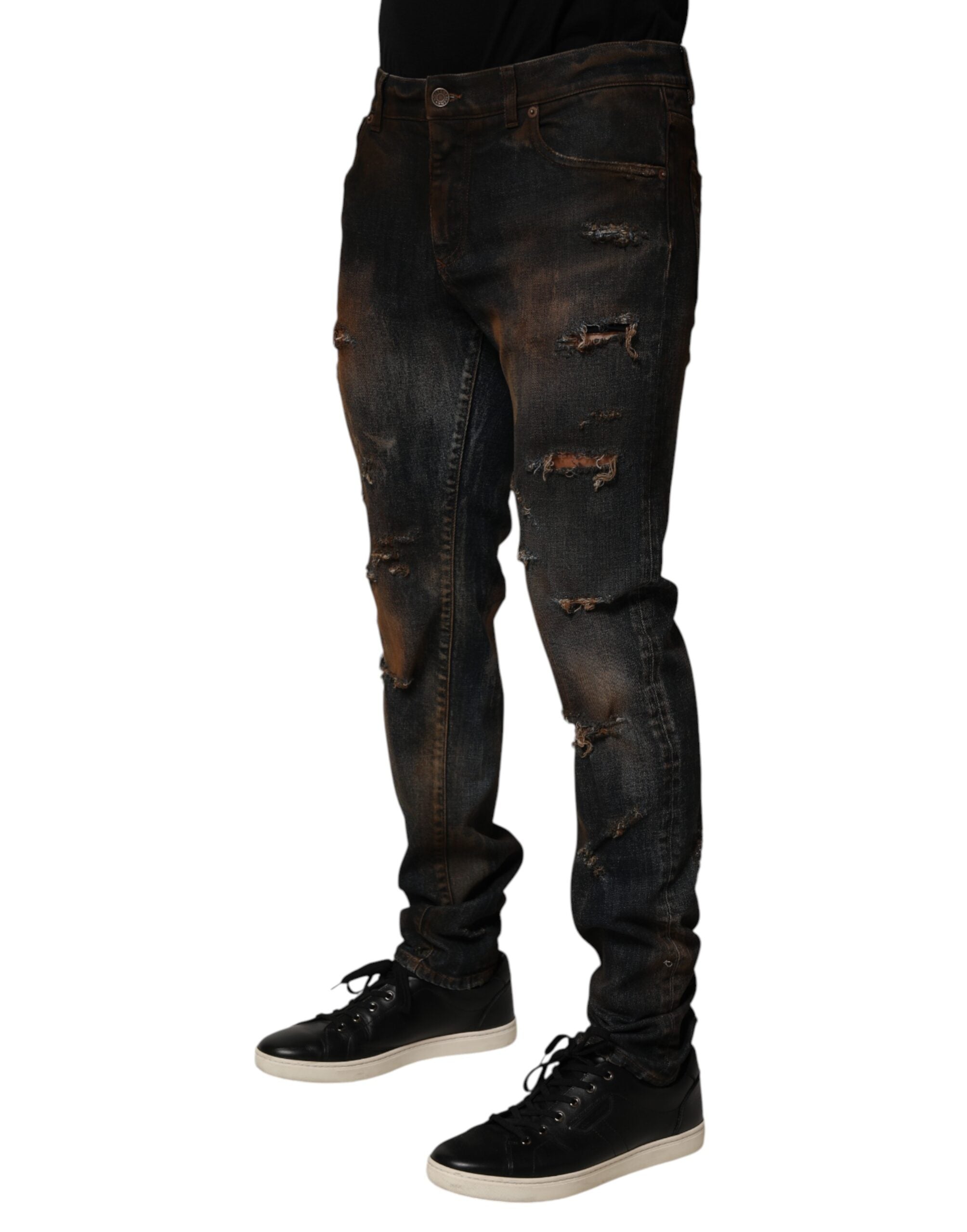 Dolce & Gabbana Schwarze Baumwolle Skinny Tattered Men Denim Jeans