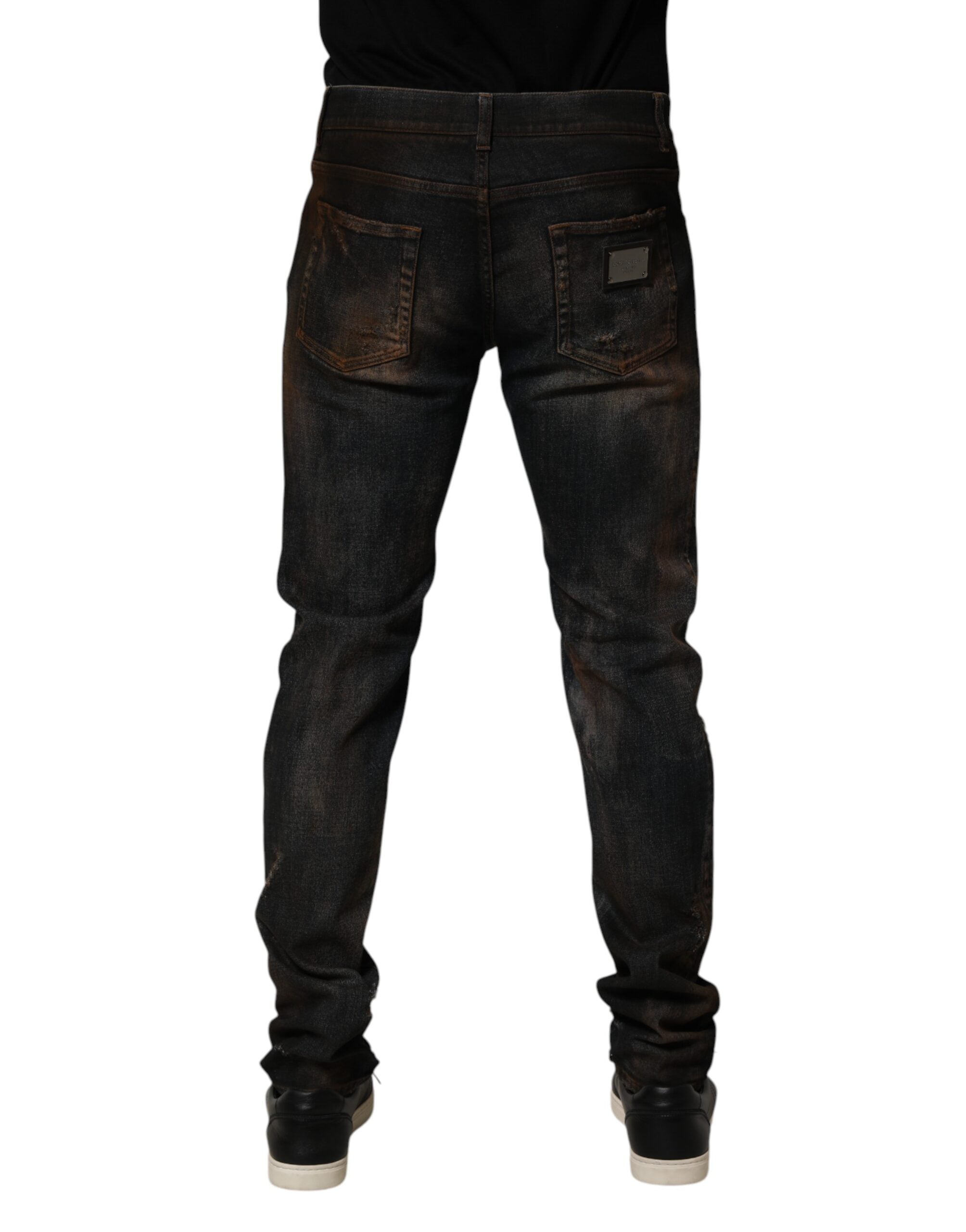 Dolce & Gabbana Schwarze Baumwolle Skinny Tattered Men Denim Jeans