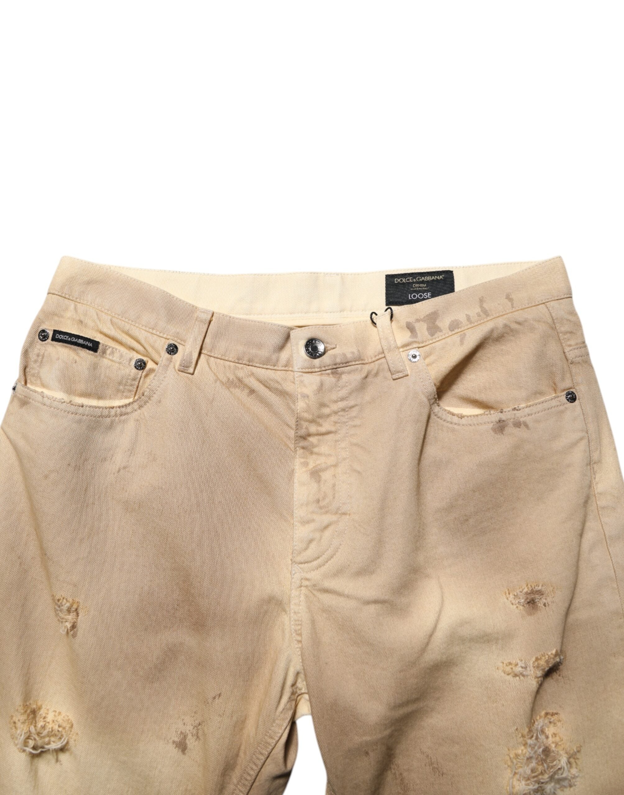Dolce & Gabbana Beige Baumwolle Lose zerfleddert Männer Denim Jeans