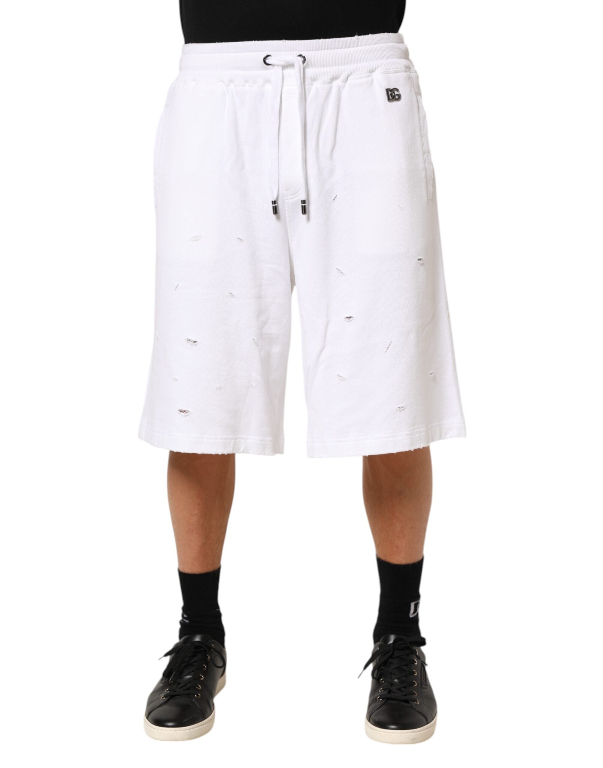 Dolce & Gabbana Weiße Bermuda-Sweatpants aus Baumwolle mit Rissen Shorts