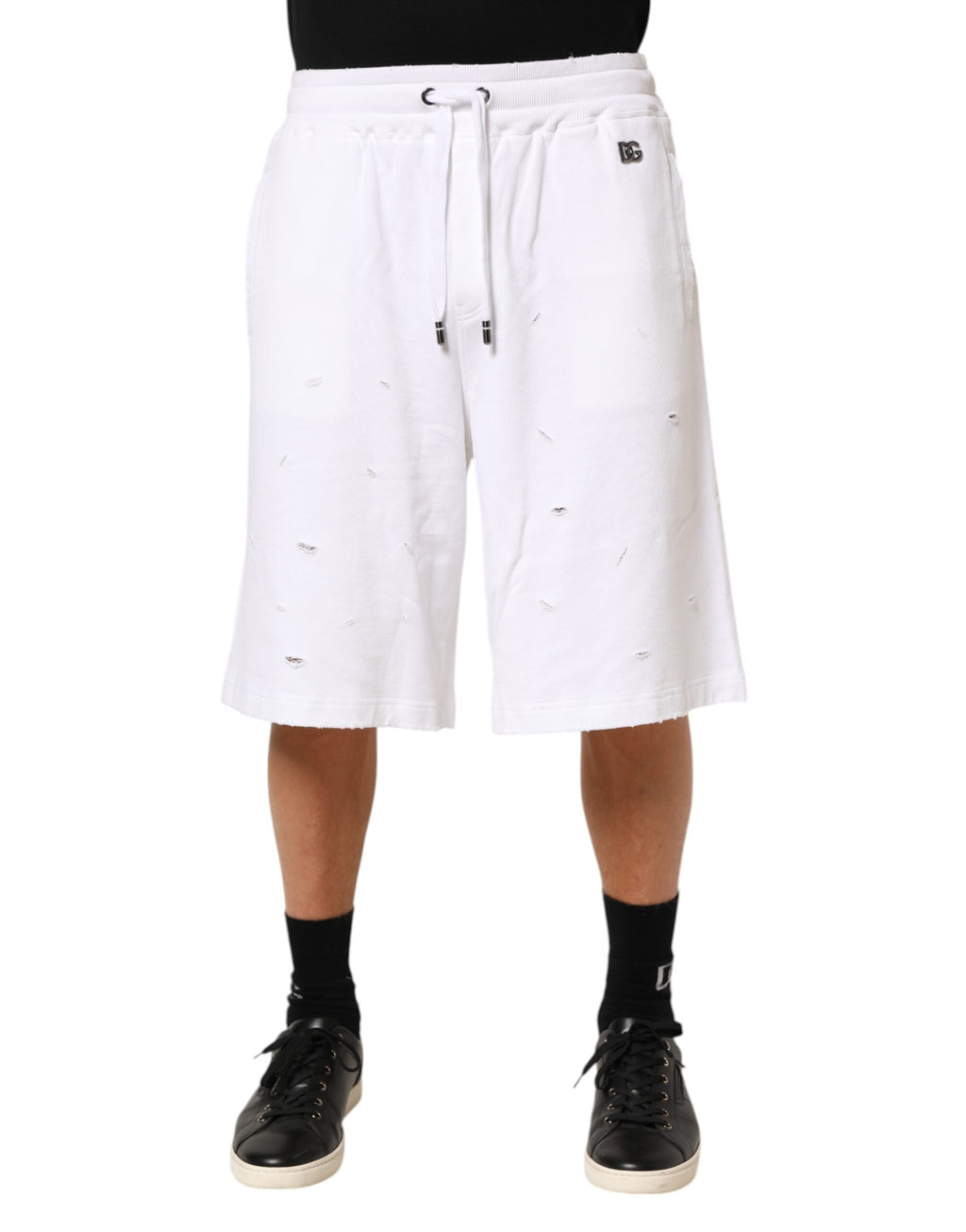 Dolce & Gabbana Weiße Bermuda-Sweatpants aus Baumwolle mit Rissen Shorts