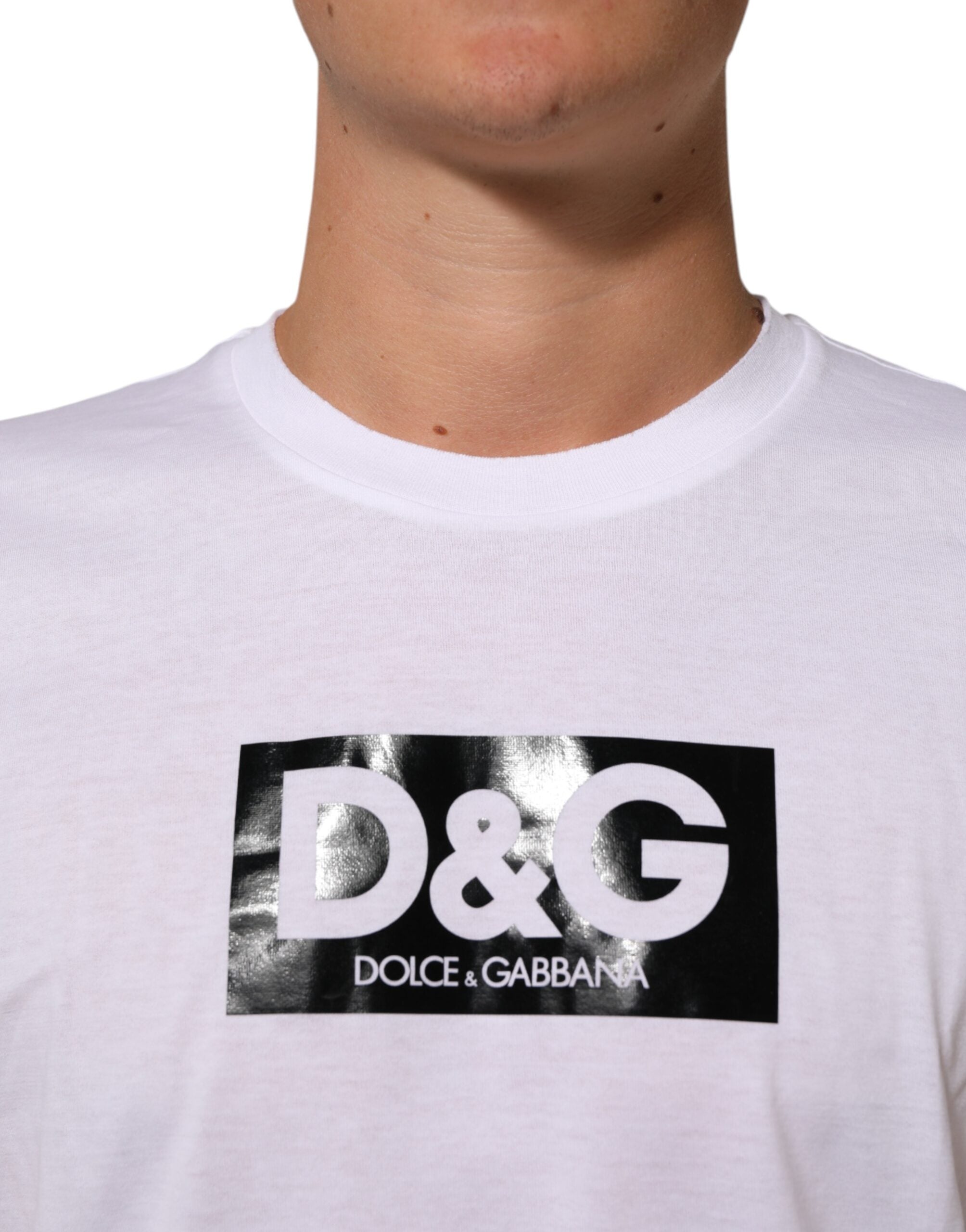 Dolce & Gabbana Weißes T-Shirt mit Rundhalsausschnitt und Logodruck aus Baumwolle