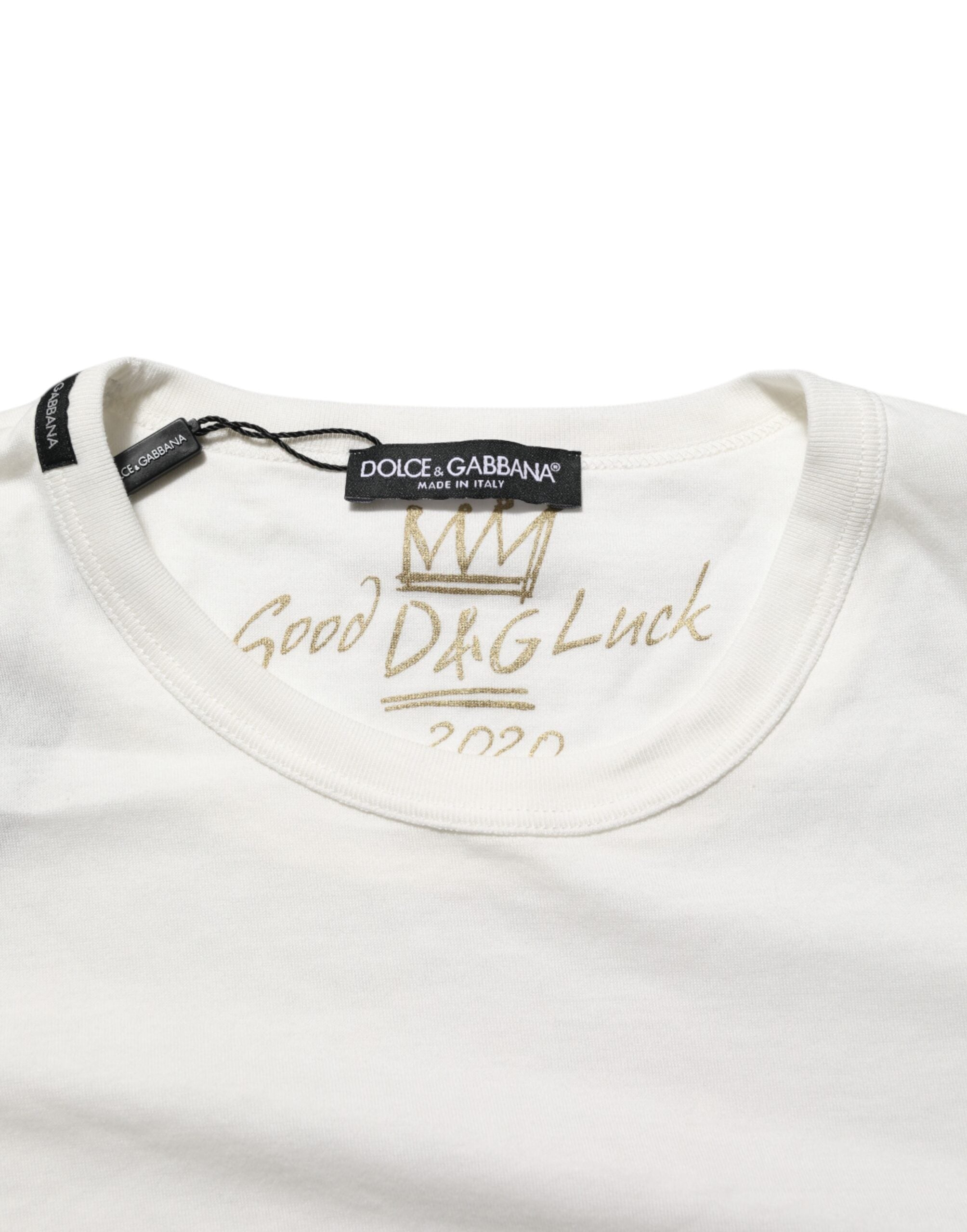 Dolce & Gabbana Weißes Baumwoll-Goodluck-2020-T-Shirt mit Rundhalsausschnitt