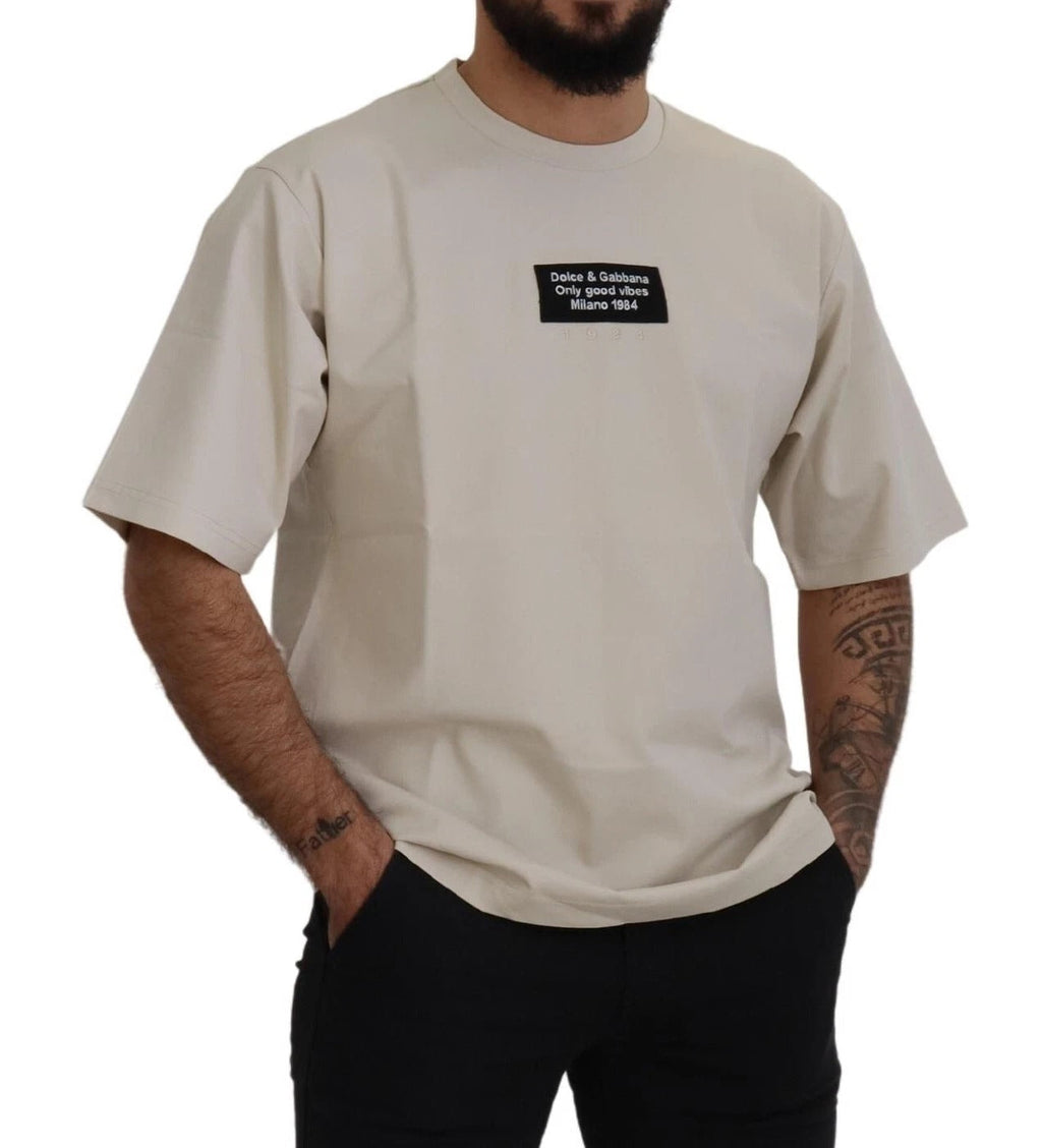 Dolce & Gabbana Elfenbeinfarbene Baumwolle Elfenbeinfarbener bedruckter Rundhalsausschnitt