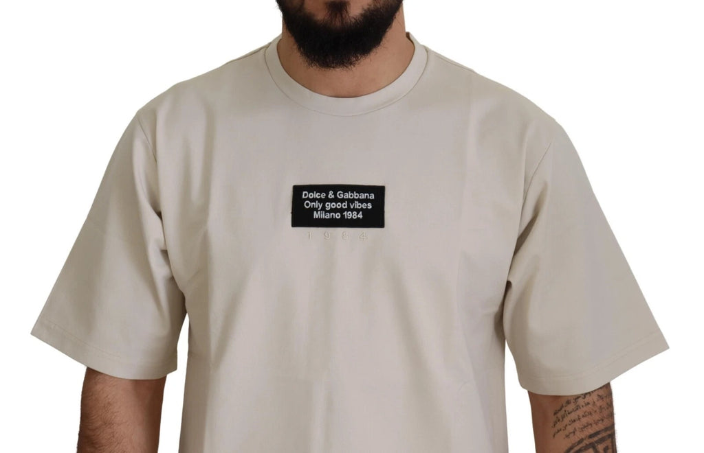 Dolce & Gabbana Elfenbeinfarbene Baumwolle Elfenbeinfarbener bedruckter Rundhalsausschnitt