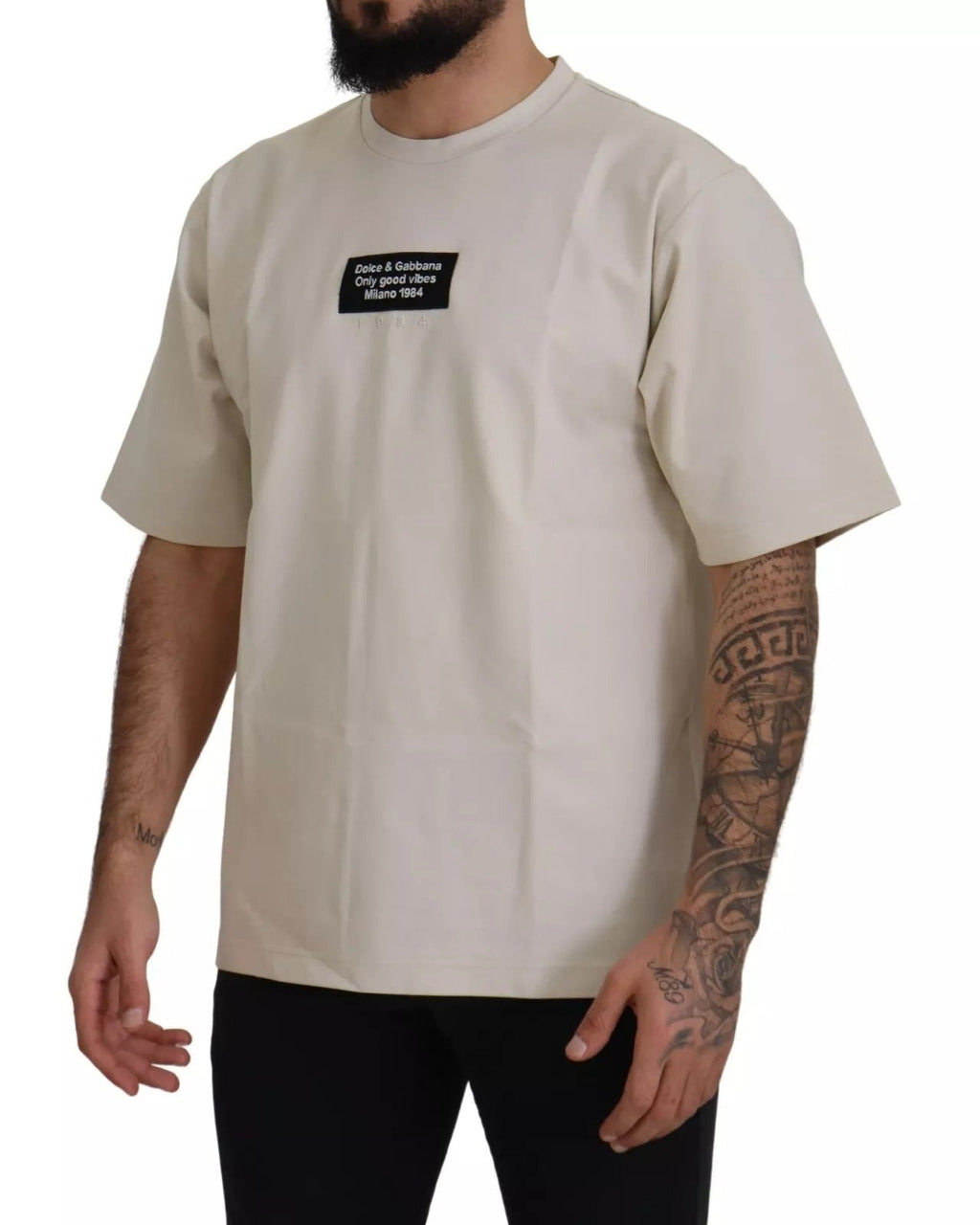 Dolce & Gabbana Elfenbeinfarbene Baumwolle Elfenbeinfarbener bedruckter Rundhalsausschnitt